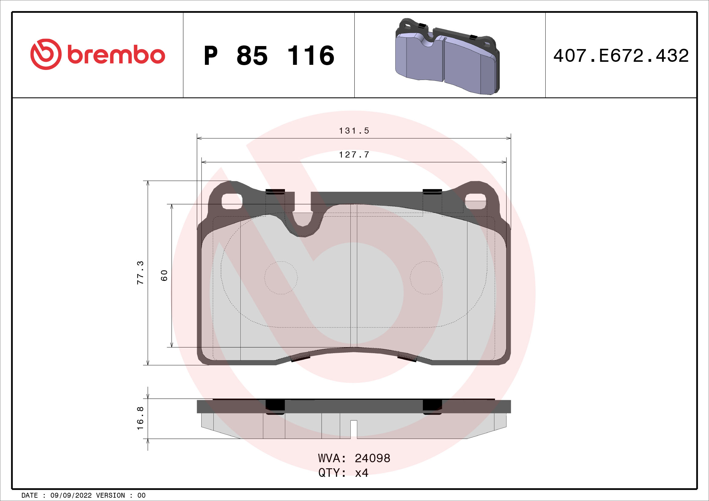 Kit pastiglie freno, Freno a disco - P 85 116 BREMBO