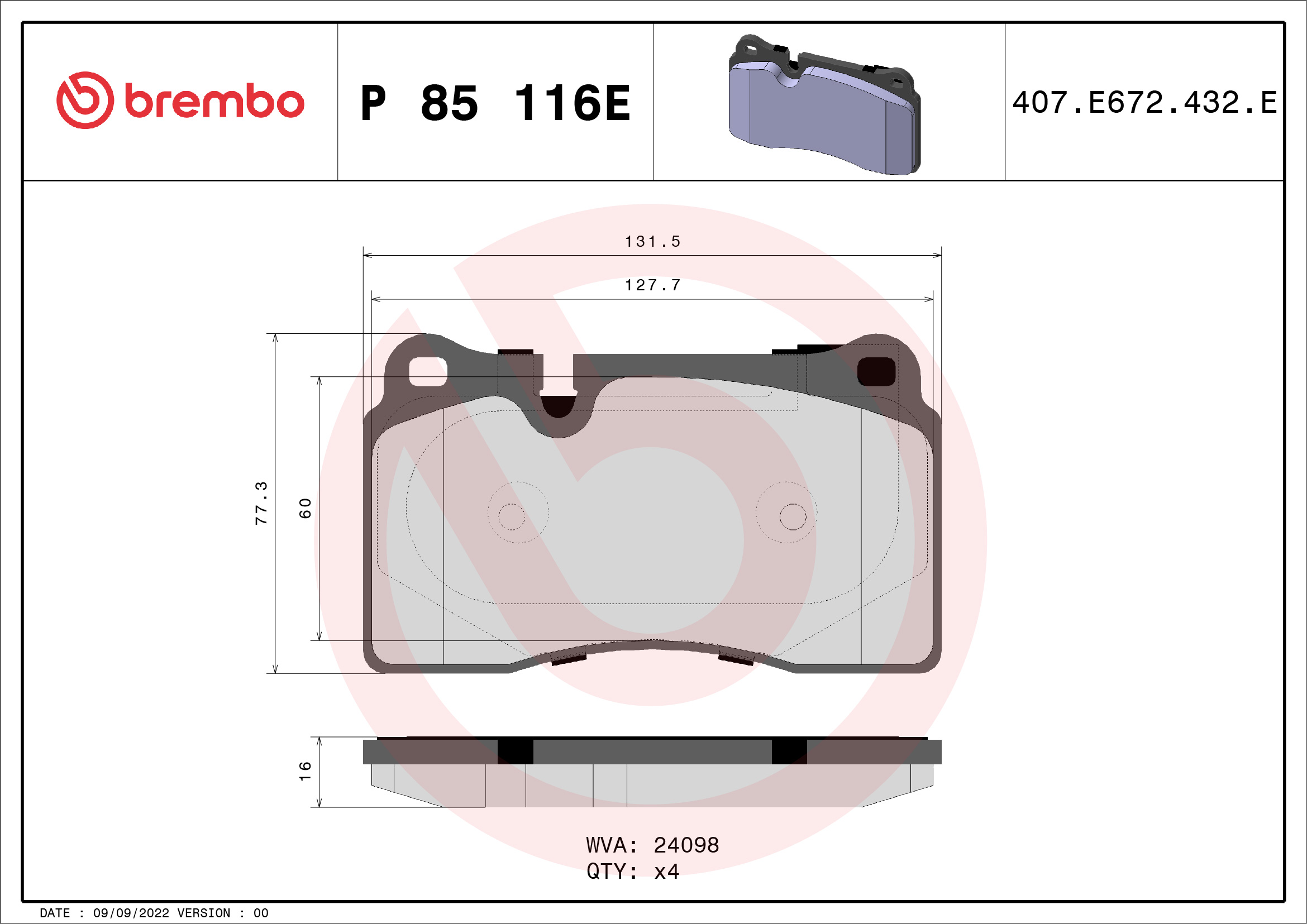 Brake Pad Set, disc brake - P 85 116E BREMBO