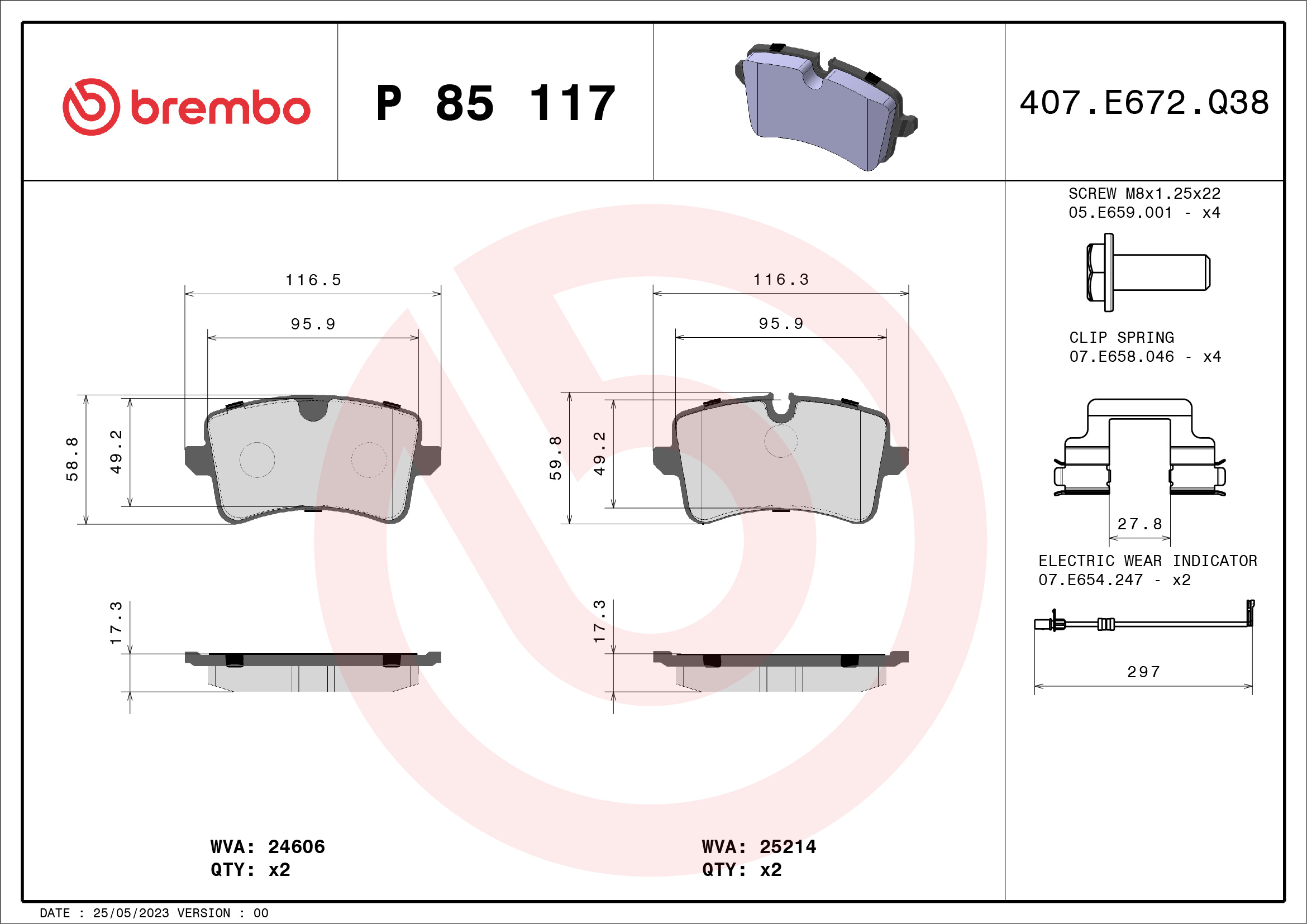 Brake Pad Set, disc brake - P 85 117 BREMBO