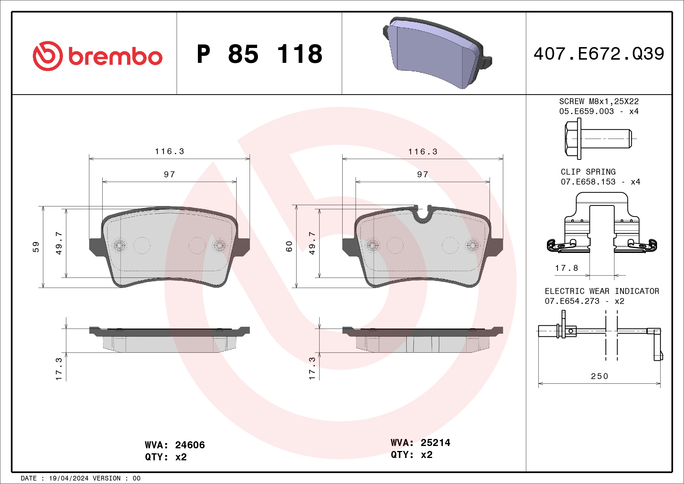 Комплект тормозных колодок, дисковый тормоз - P 85 118 BREMBO
