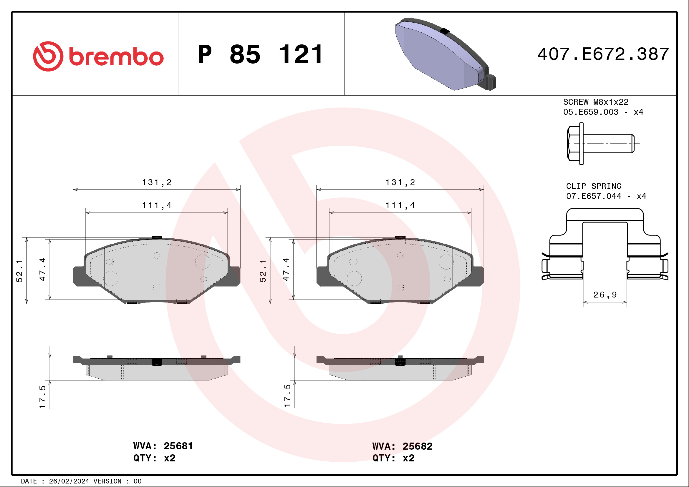 Комплект тормозных колодок, дисковый тормоз - P 85 121 BREMBO