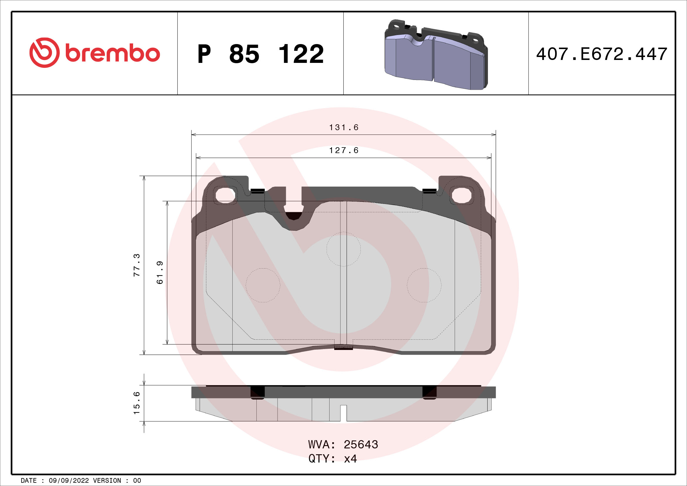 Комплект тормозных колодок, дисковый тормоз - P 85 122 BREMBO