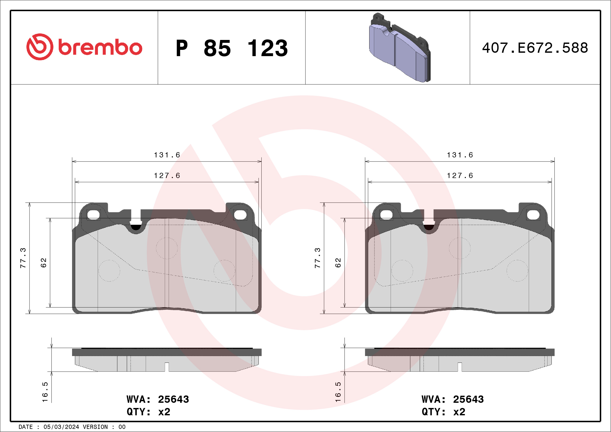 Brake Pad Set, disc brake - P 85 123 BREMBO