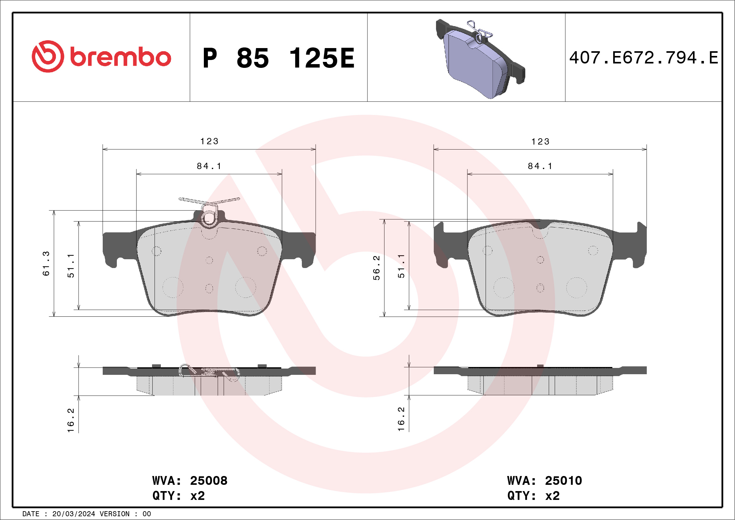 Brake Pad Set, disc brake - P 85 125E BREMBO