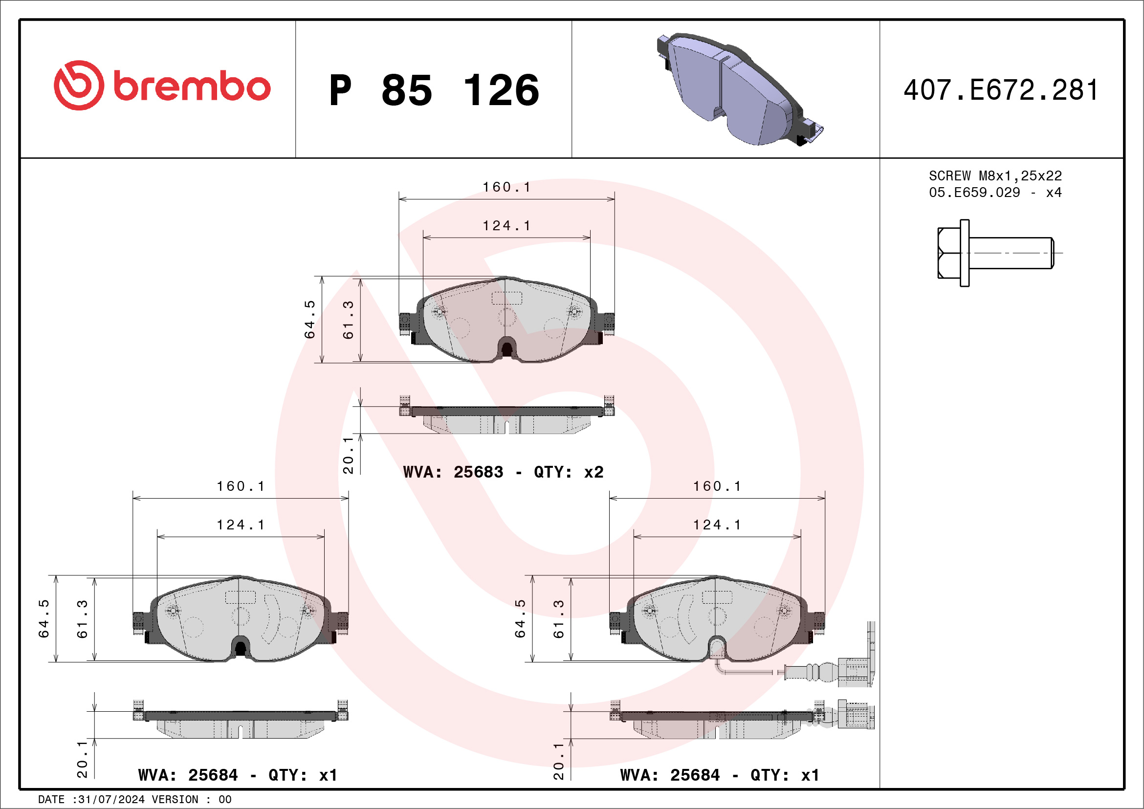 Kit pastiglie freno, Freno a disco - P 85 126 BREMBO