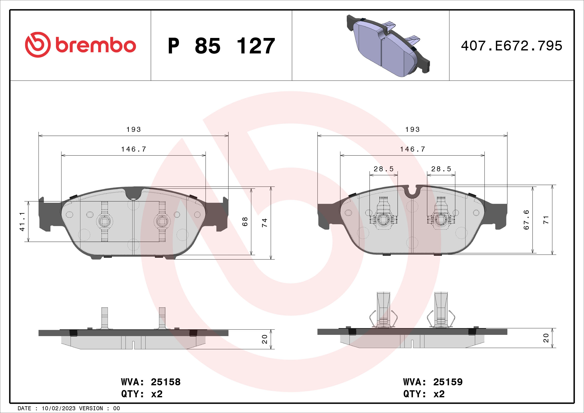 Kit pastiglie freno, Freno a disco - P 85 127 BREMBO