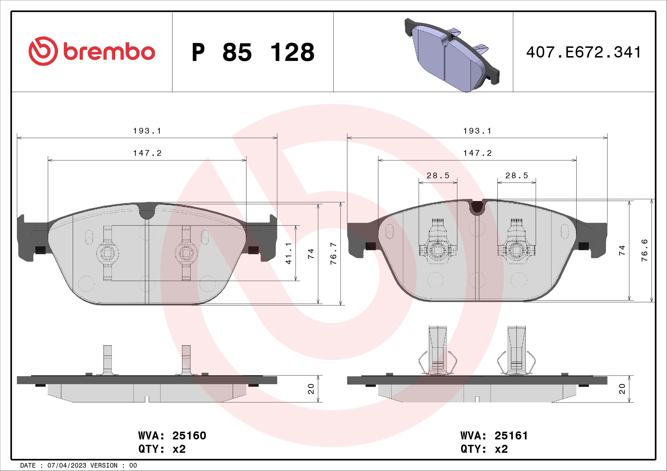 Комплект тормозных колодок, дисковый тормоз - P 85 128 BREMBO