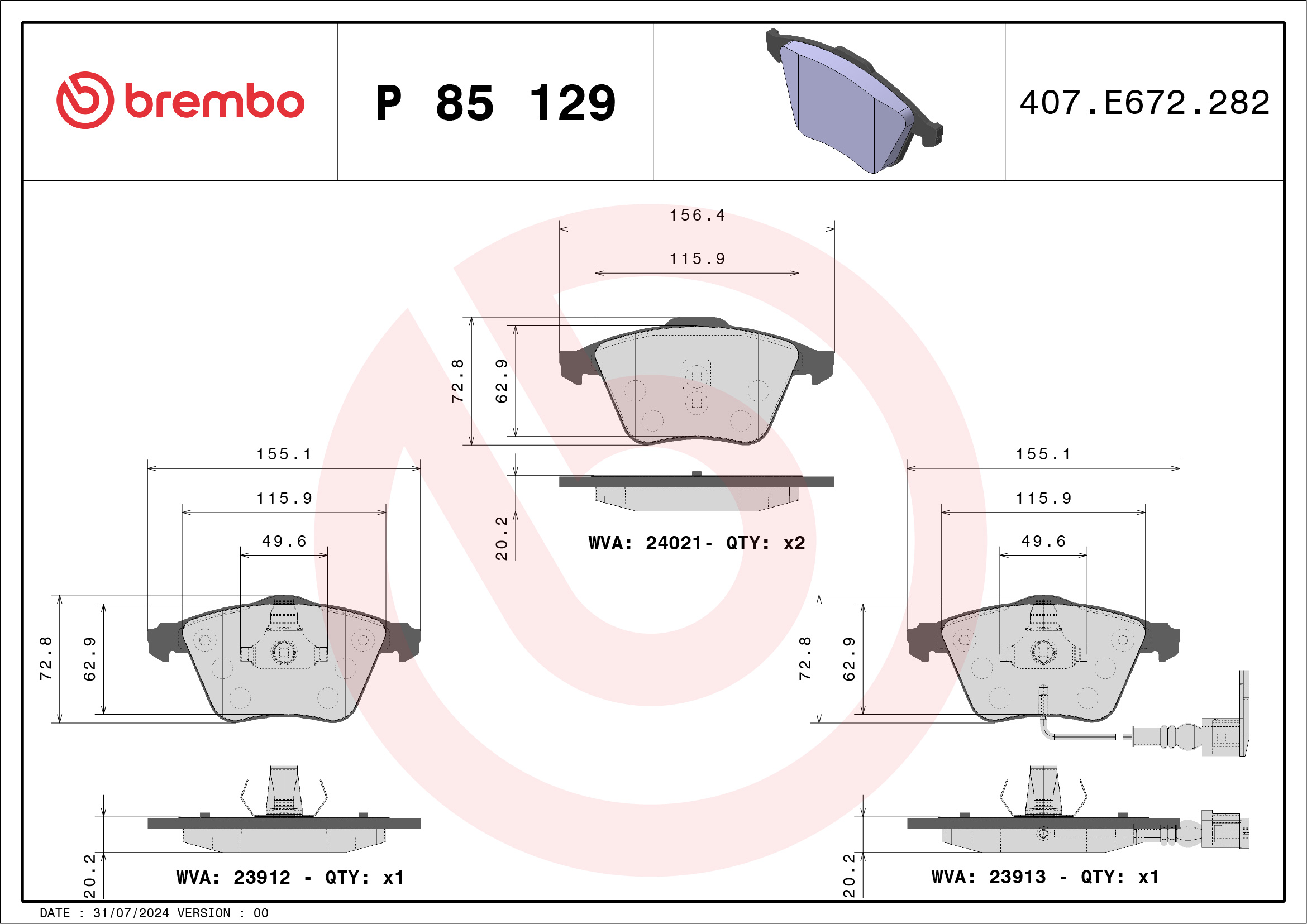 Комплект тормозных колодок, дисковый тормоз - P 85 129 BREMBO