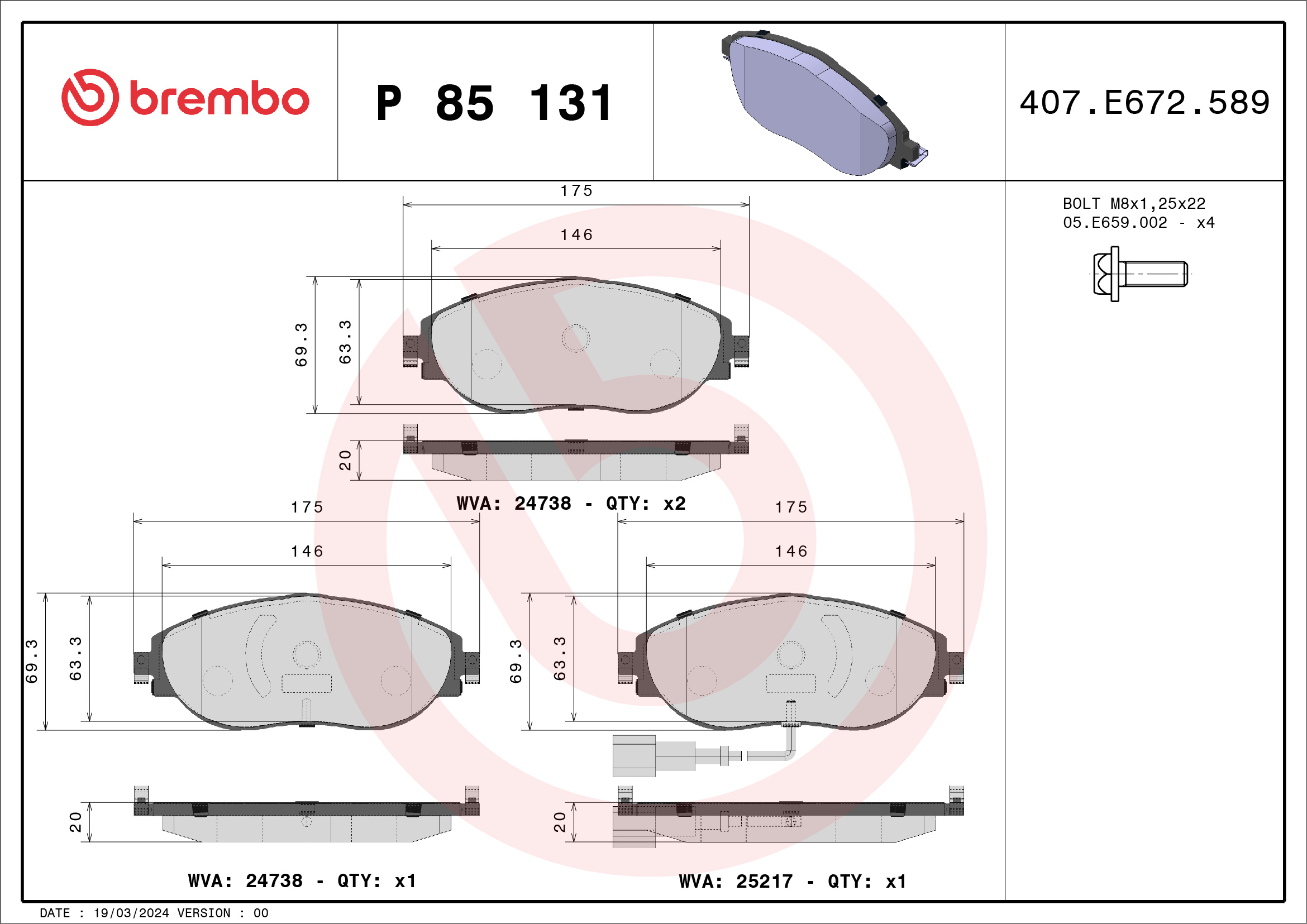 Brake Pad Set, disc brake - P 85 131 BREMBO