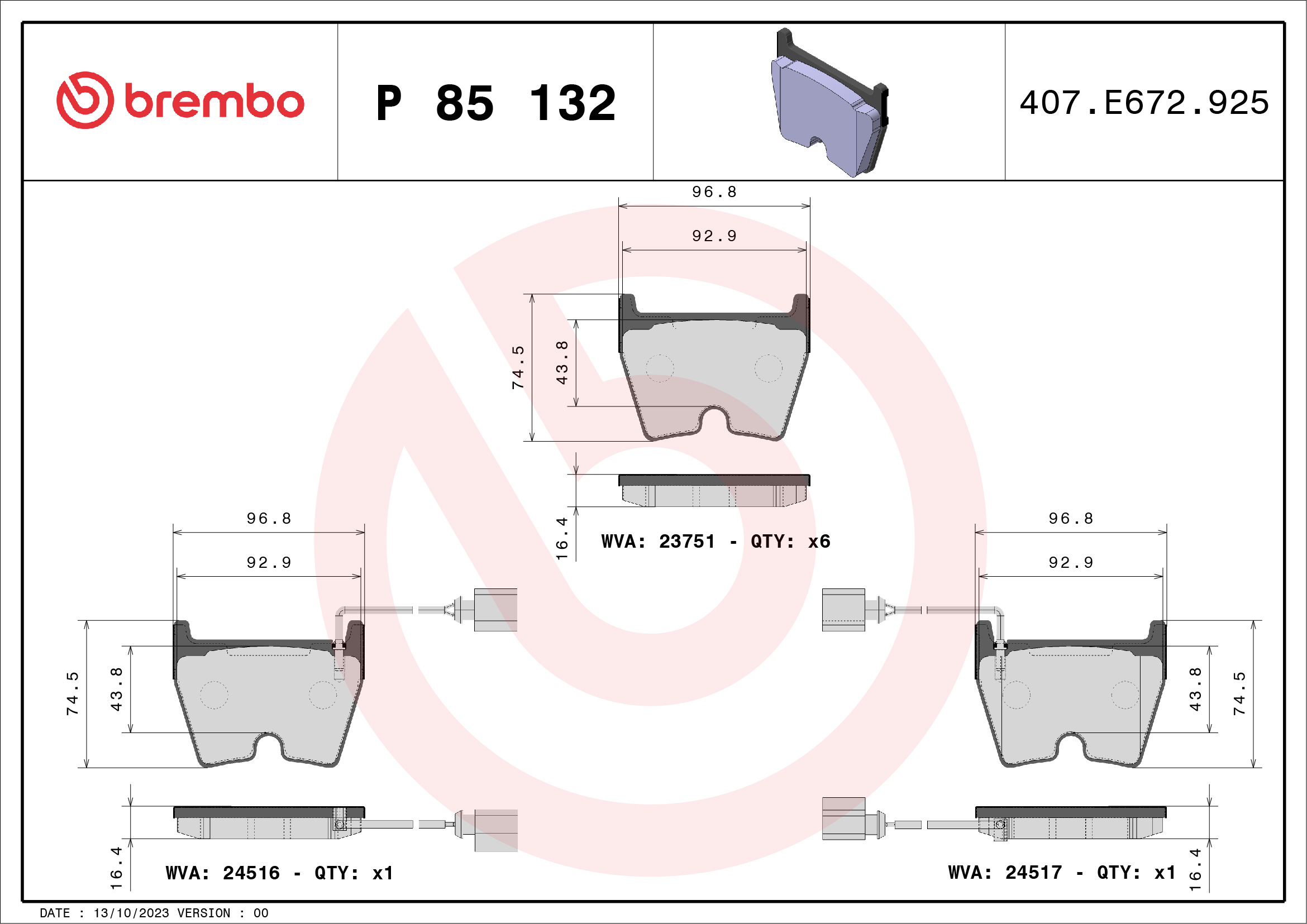 stabdžių trinkelių rinkinys, diskinis stabdys - P 85 132 BREMBO