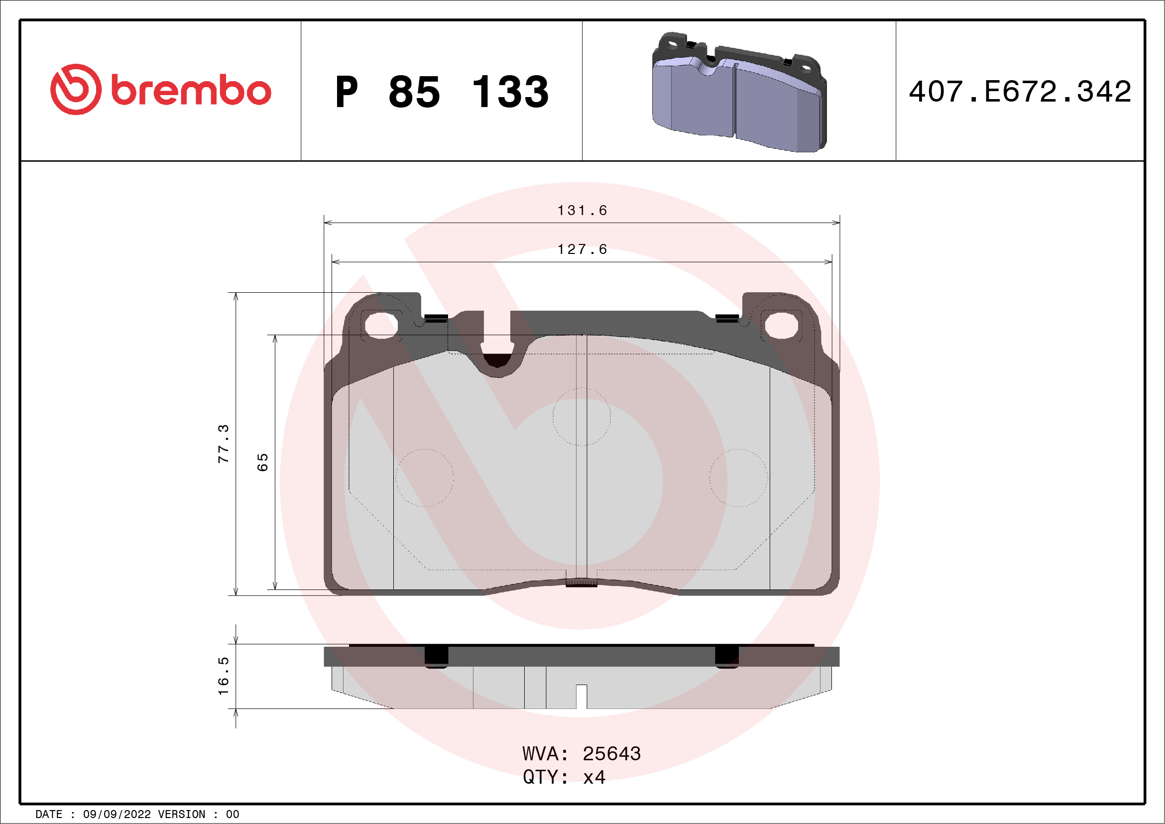 Комплект тормозных колодок, дисковый тормоз - P 85 133 BREMBO