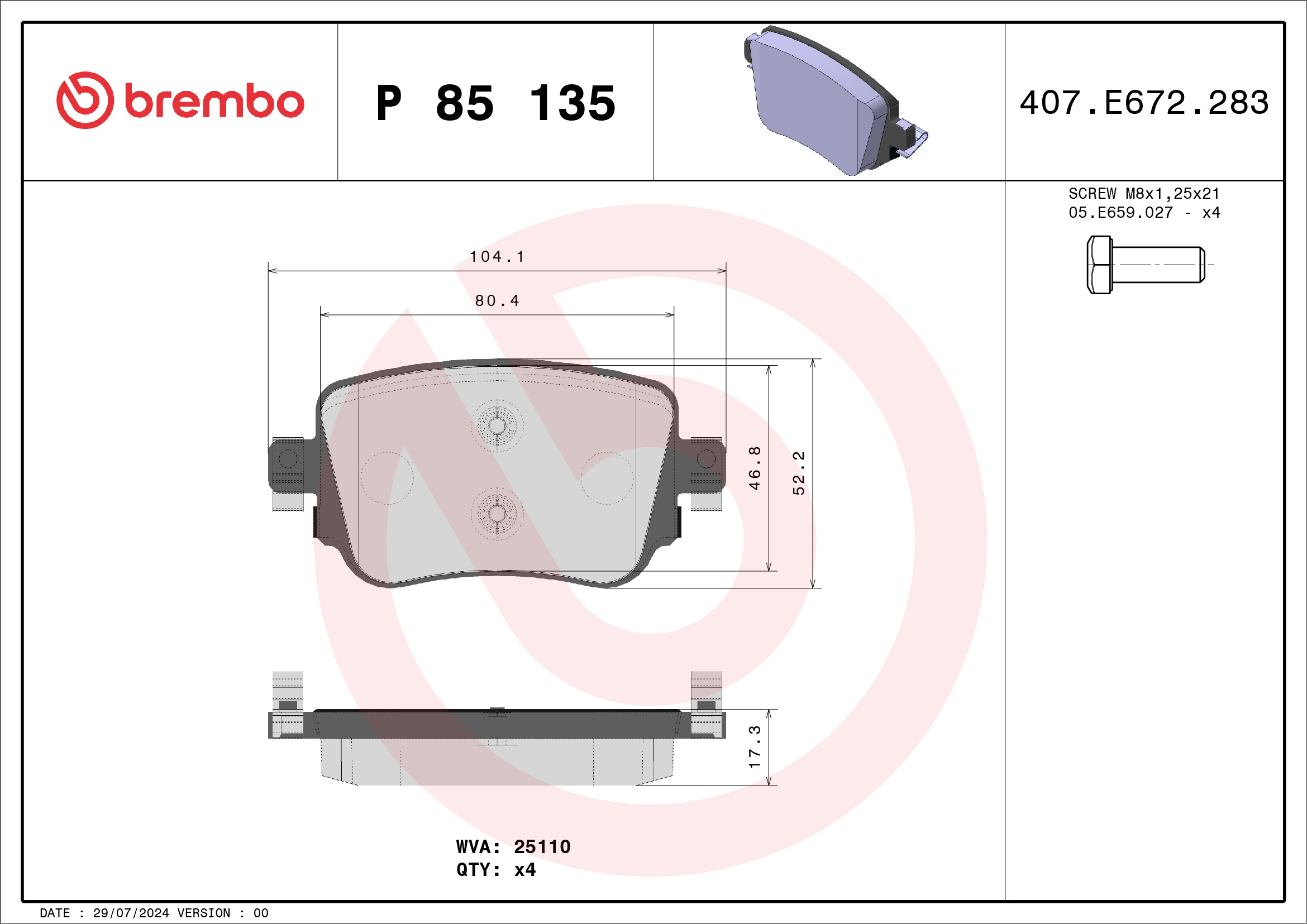 Kit pastiglie freno, Freno a disco - P 85 135 BREMBO