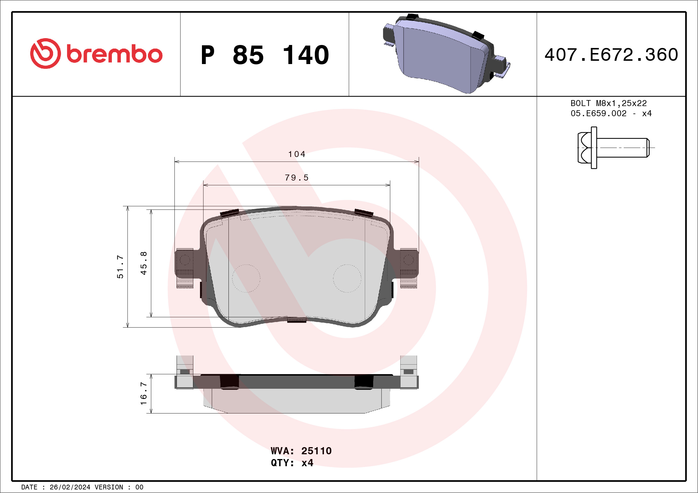 Brake Pad Set, disc brake - P 85 140 BREMBO
