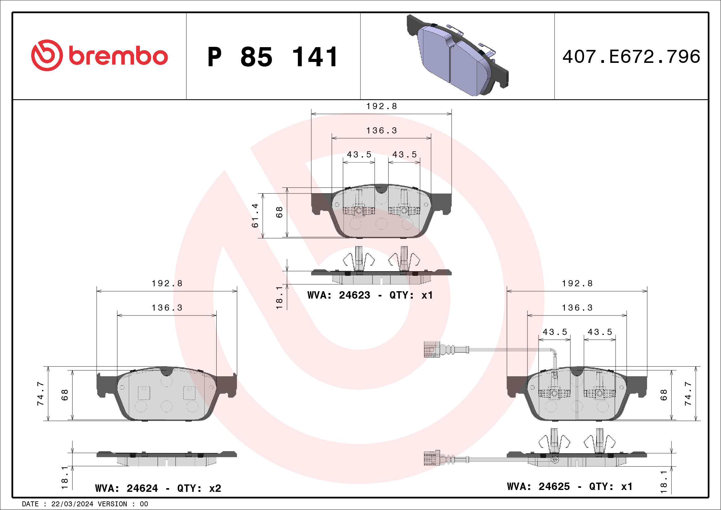 Kit pastiglie freno, Freno a disco - P 85 141 BREMBO