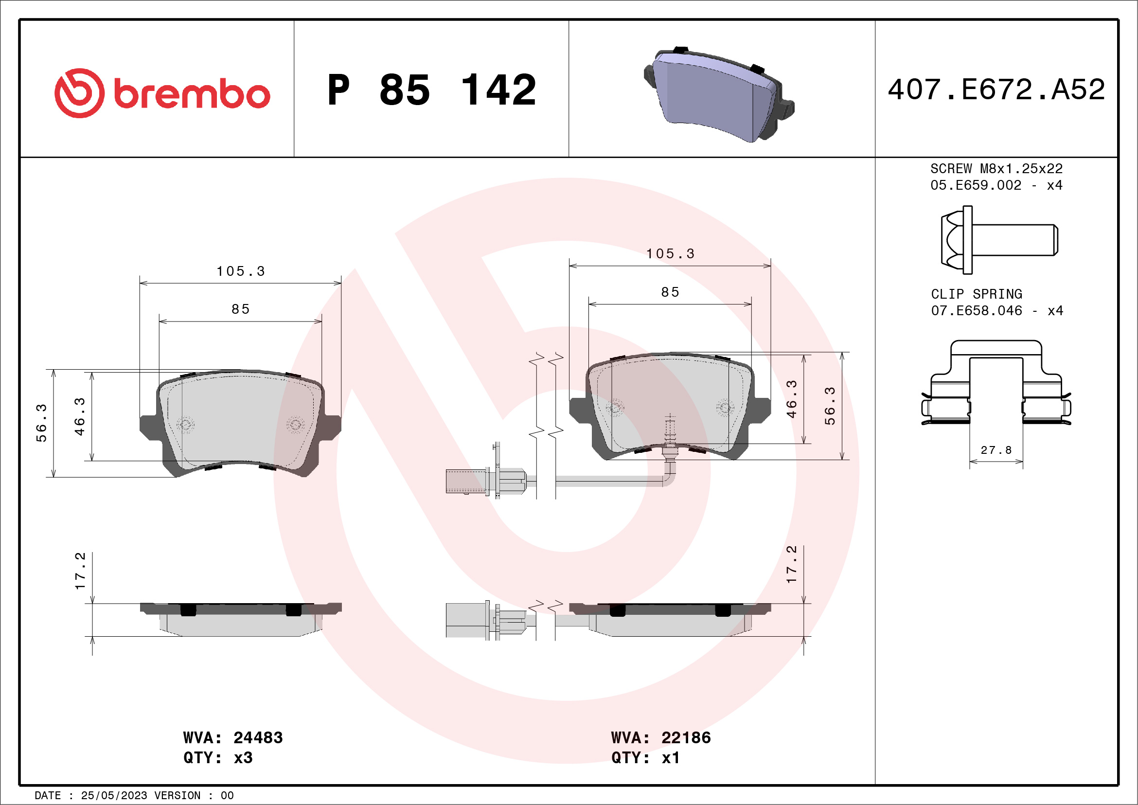 Brake Pad Set, disc brake - P 85 142 BREMBO
