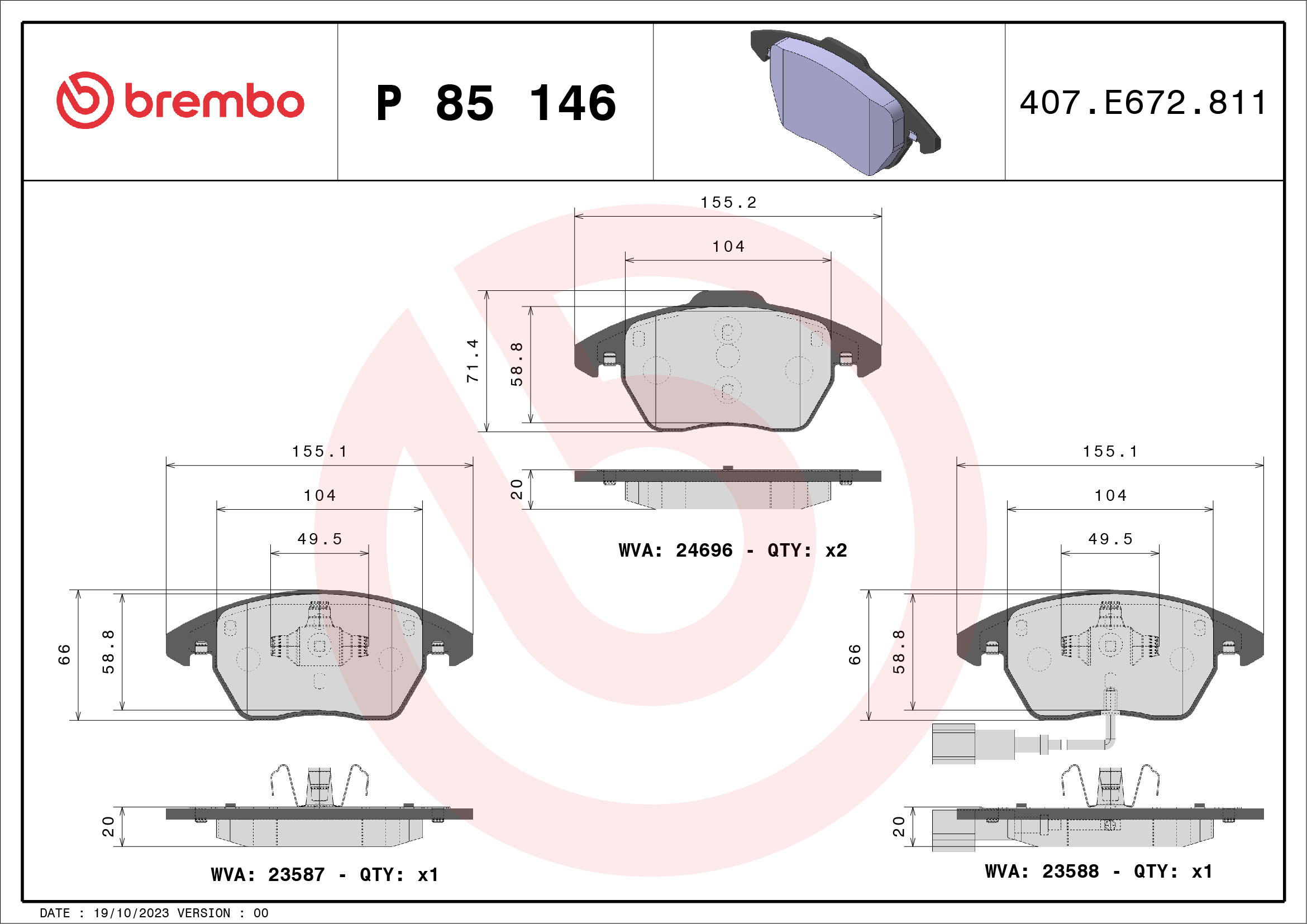 Brake Pad Set, disc brake - P 85 146 BREMBO