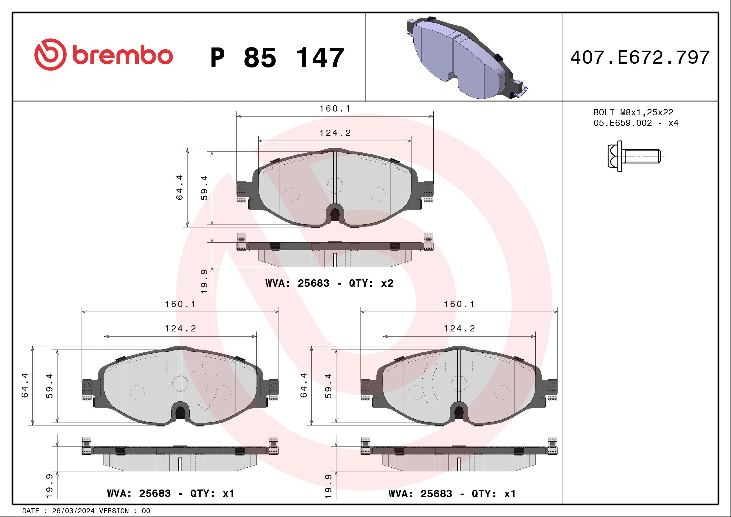 Brake Pad Set, disc brake - P 85 147 BREMBO