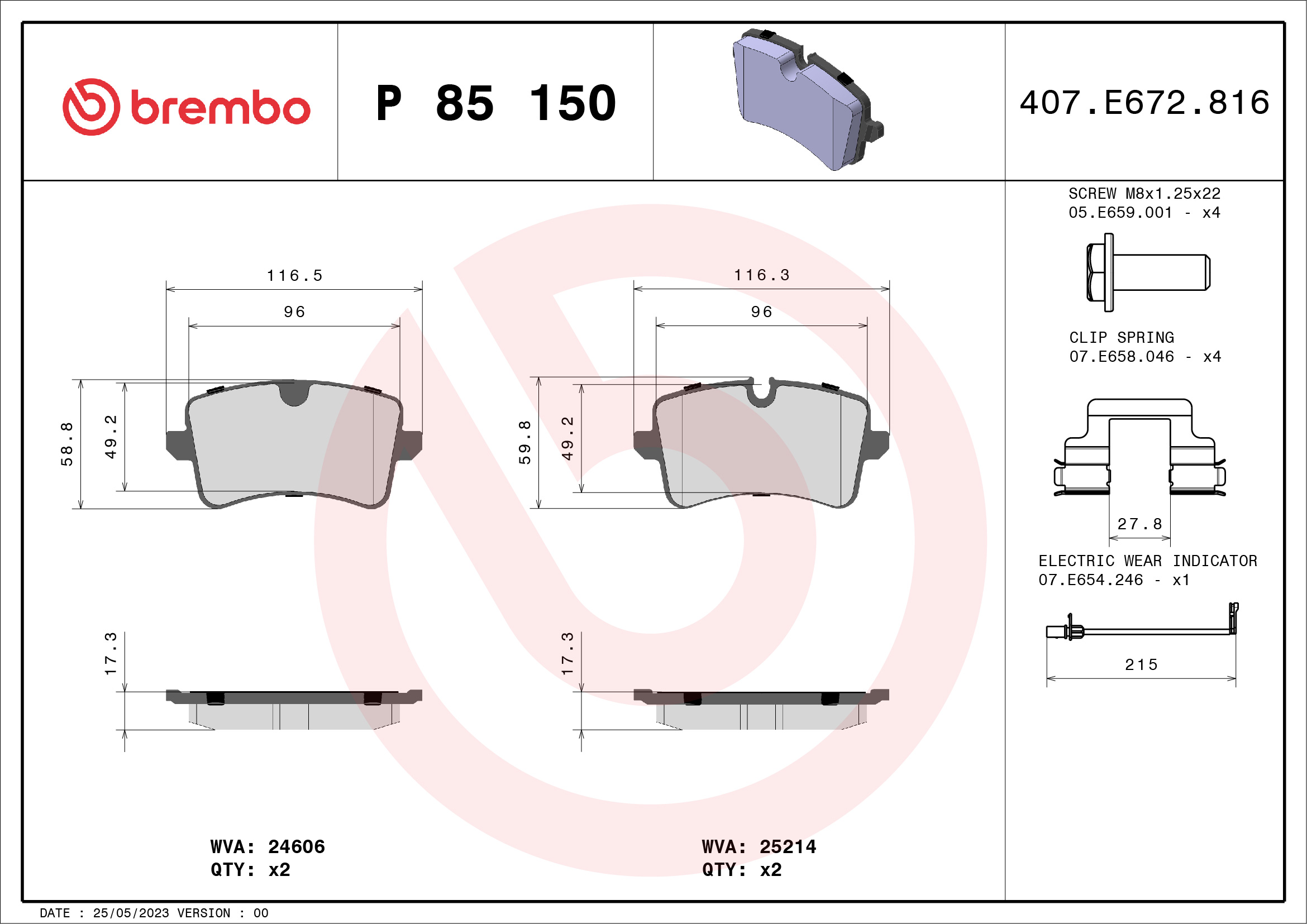 Brake Pad Set, disc brake - P 85 150 BREMBO