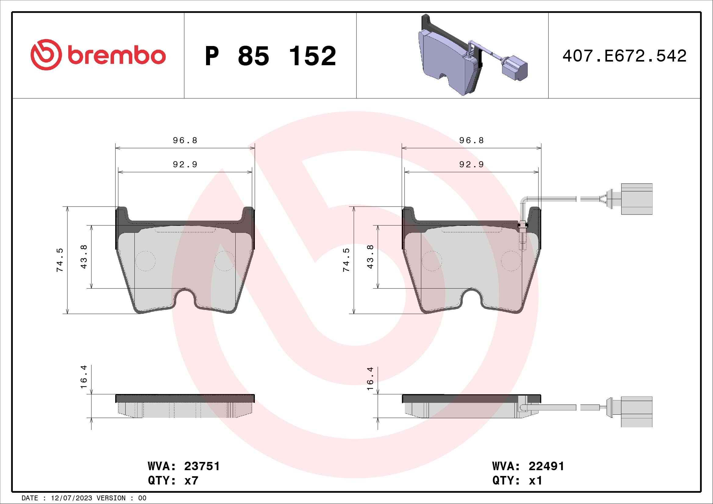 Комплект тормозных колодок, дисковый тормоз - P 85 152 BREMBO
