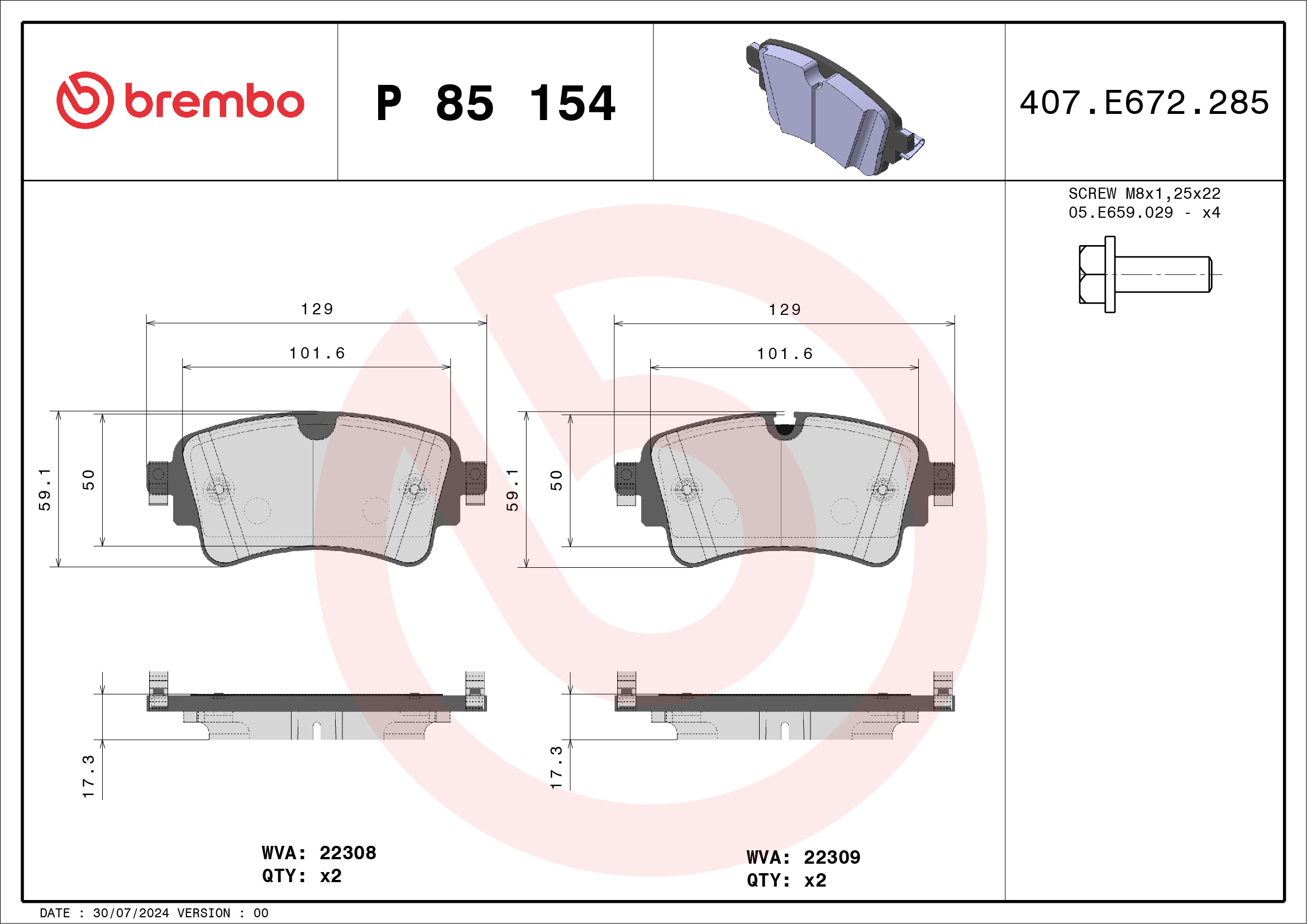 Brake Pad Set, disc brake - P 85 154 BREMBO