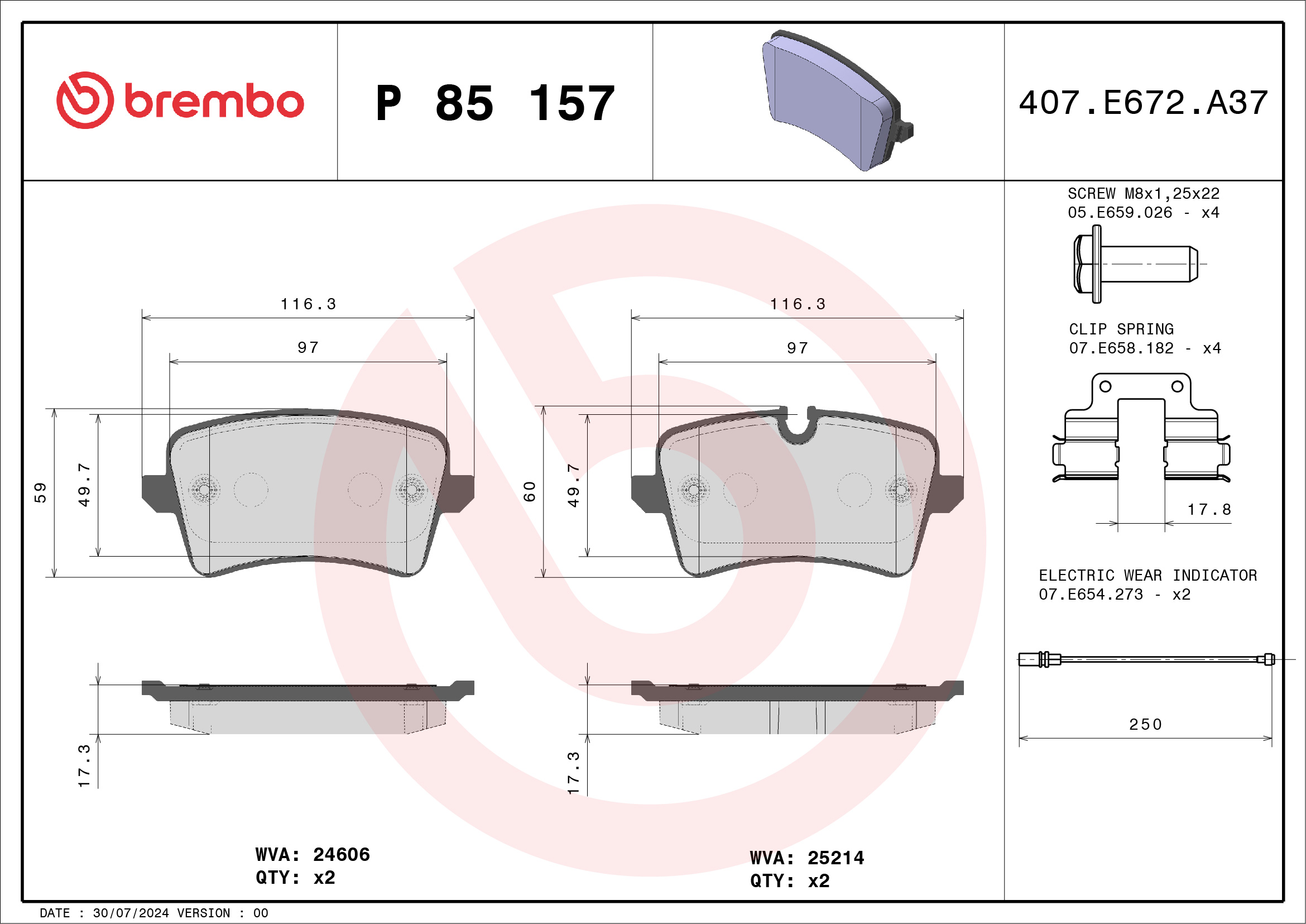 Brake Pad Set, disc brake - P 85 157 BREMBO