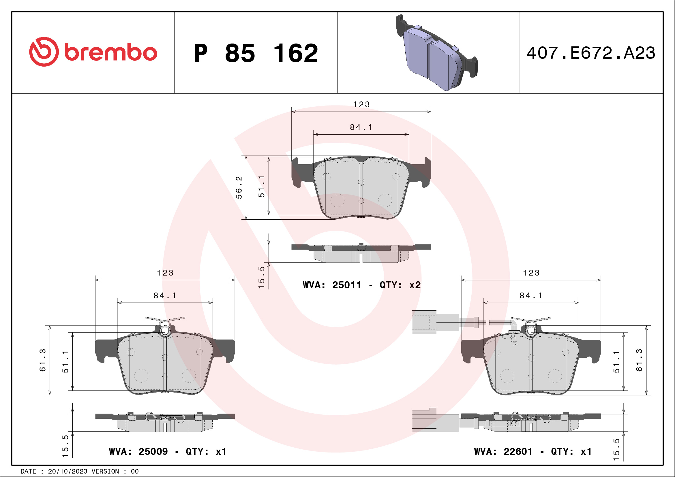Brake Pad Set, disc brake - P 85 162 BREMBO