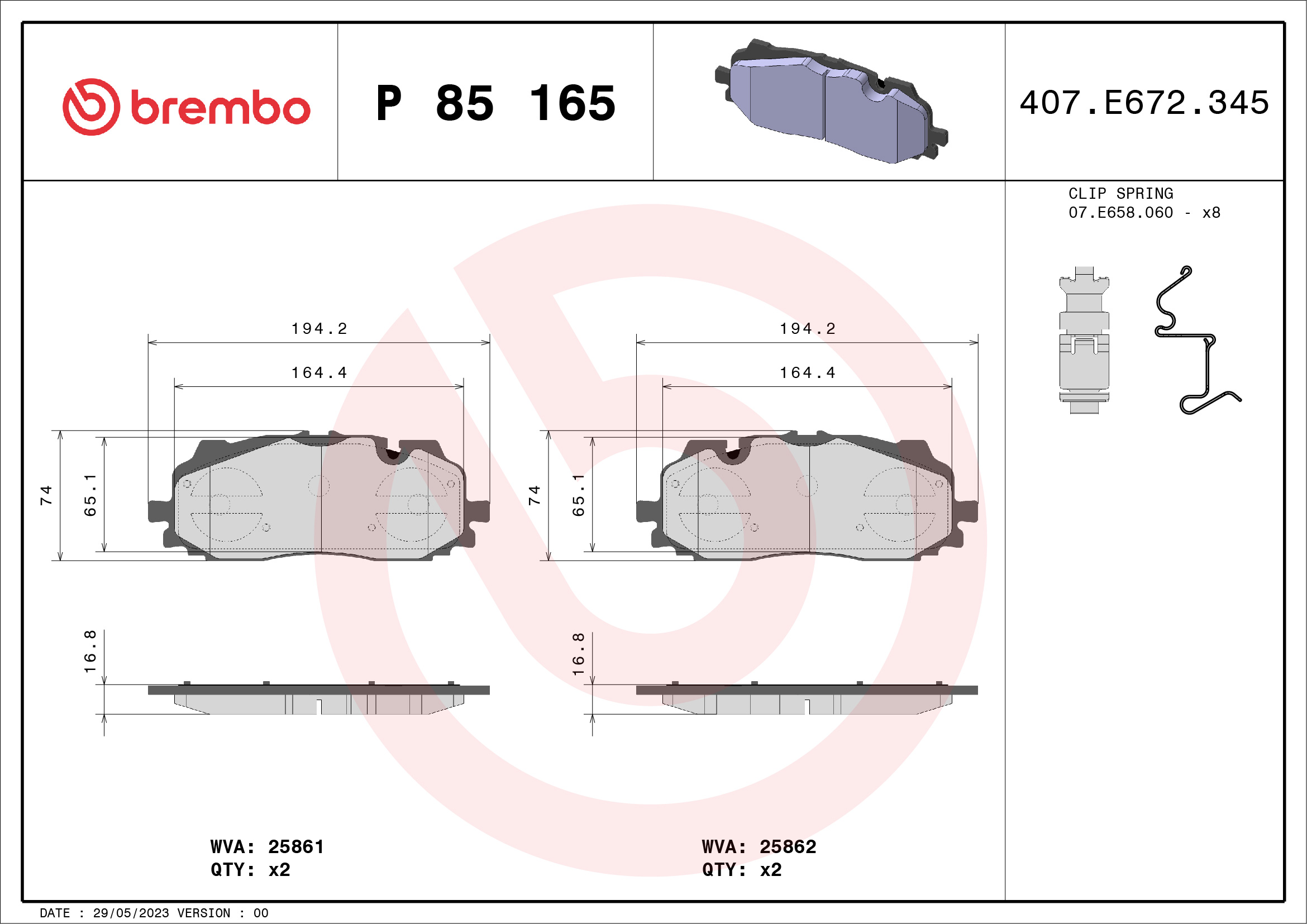 Комплект тормозных колодок, дисковый тормоз - P 85 165 BREMBO