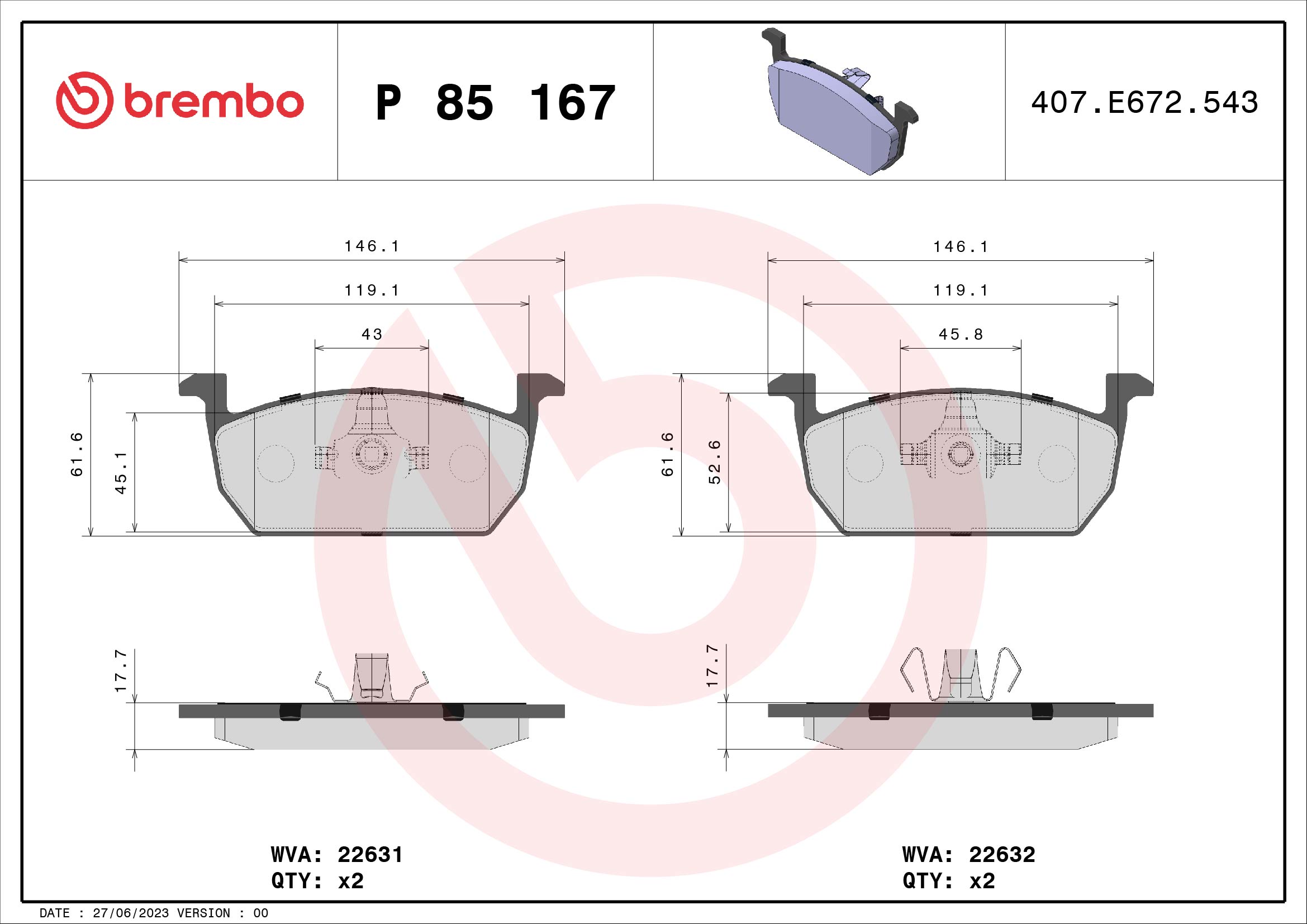 Brake Pad Set, disc brake - P 85 167 BREMBO