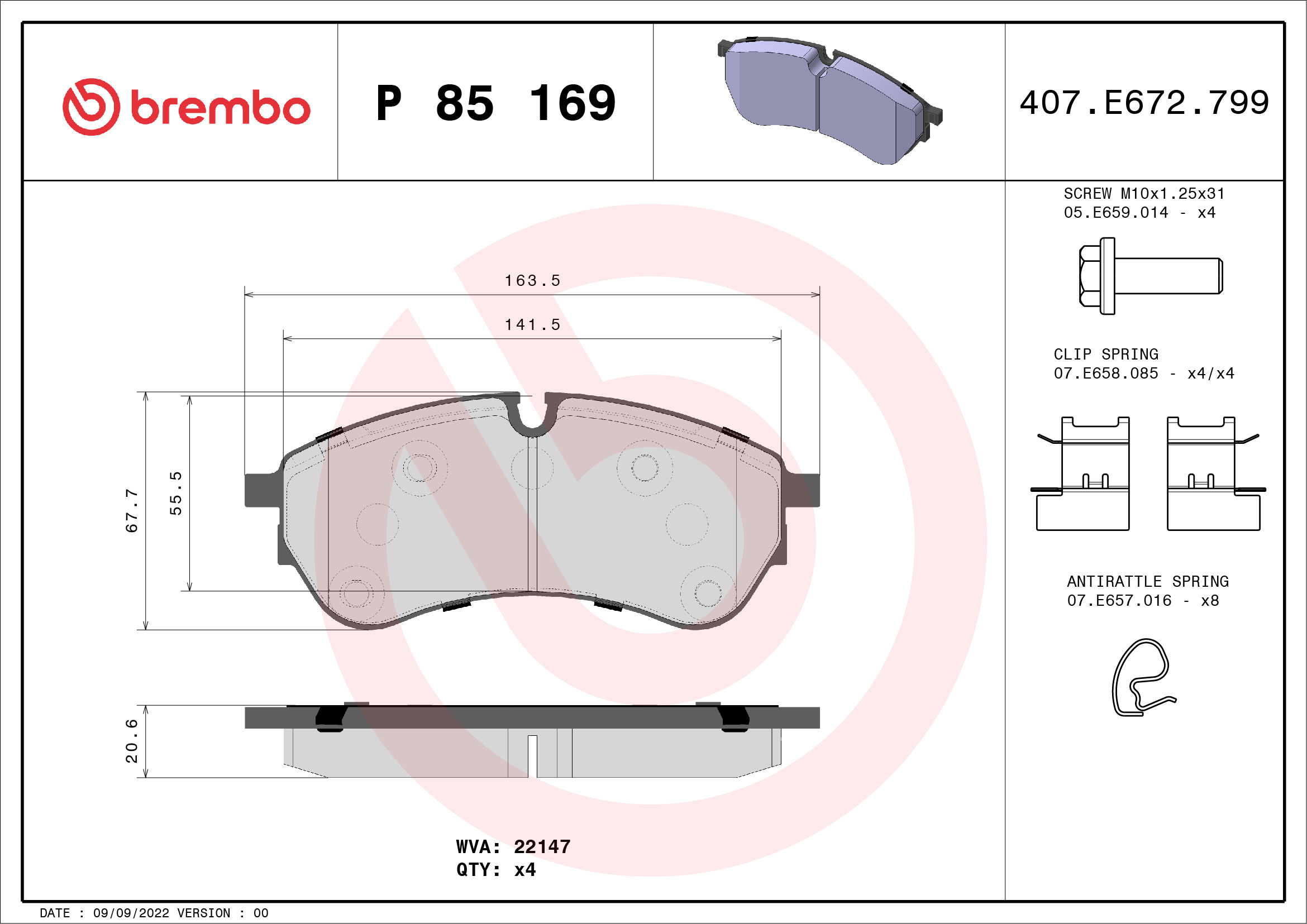 Brake Pad Set, disc brake - P 85 169 BREMBO