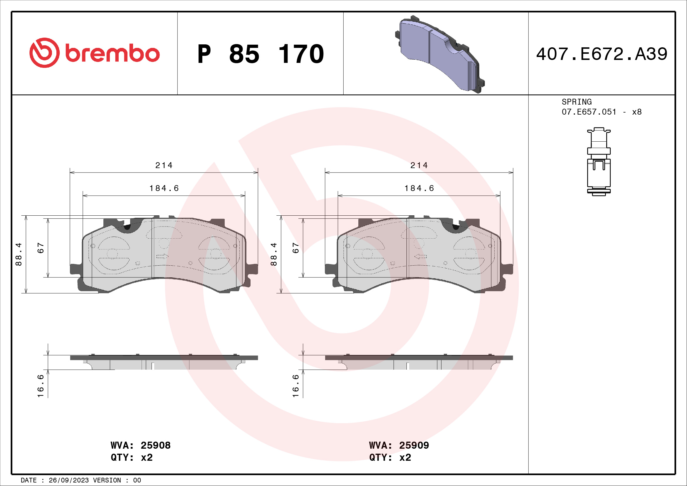 stabdžių trinkelių rinkinys, diskinis stabdys - P 85 170 BREMBO