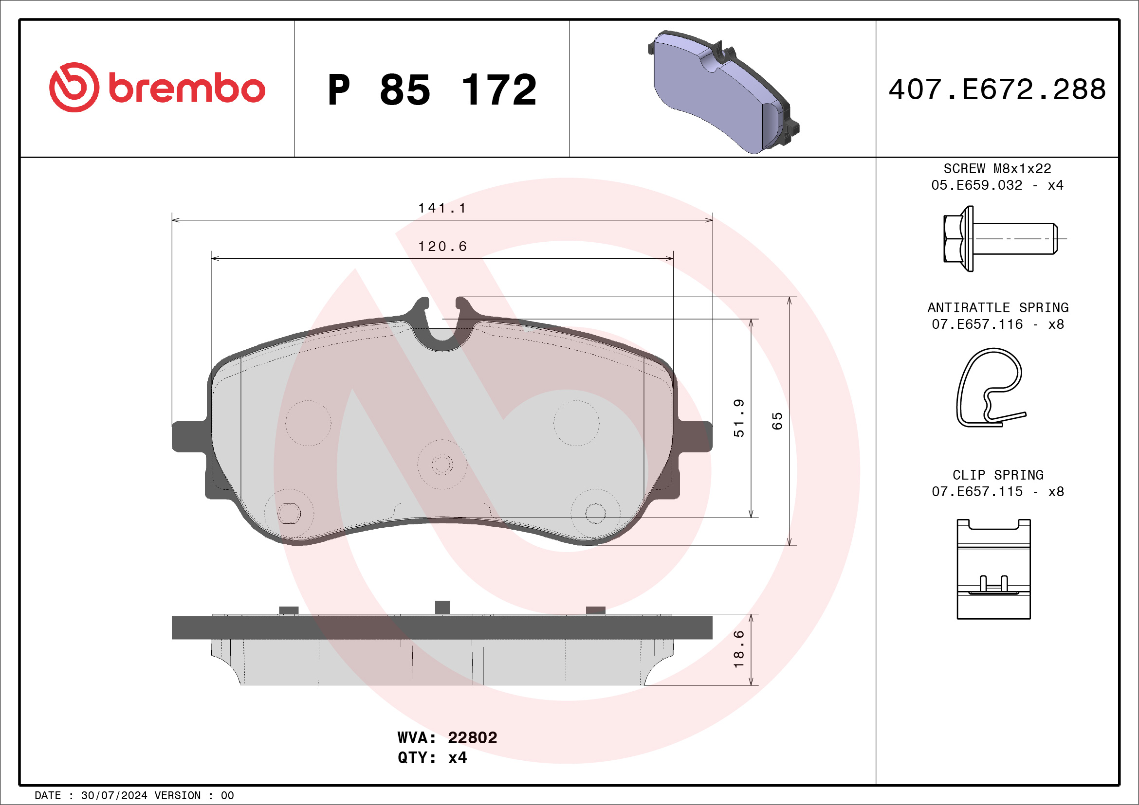 Kit pastiglie freno, Freno a disco - P 85 172 BREMBO