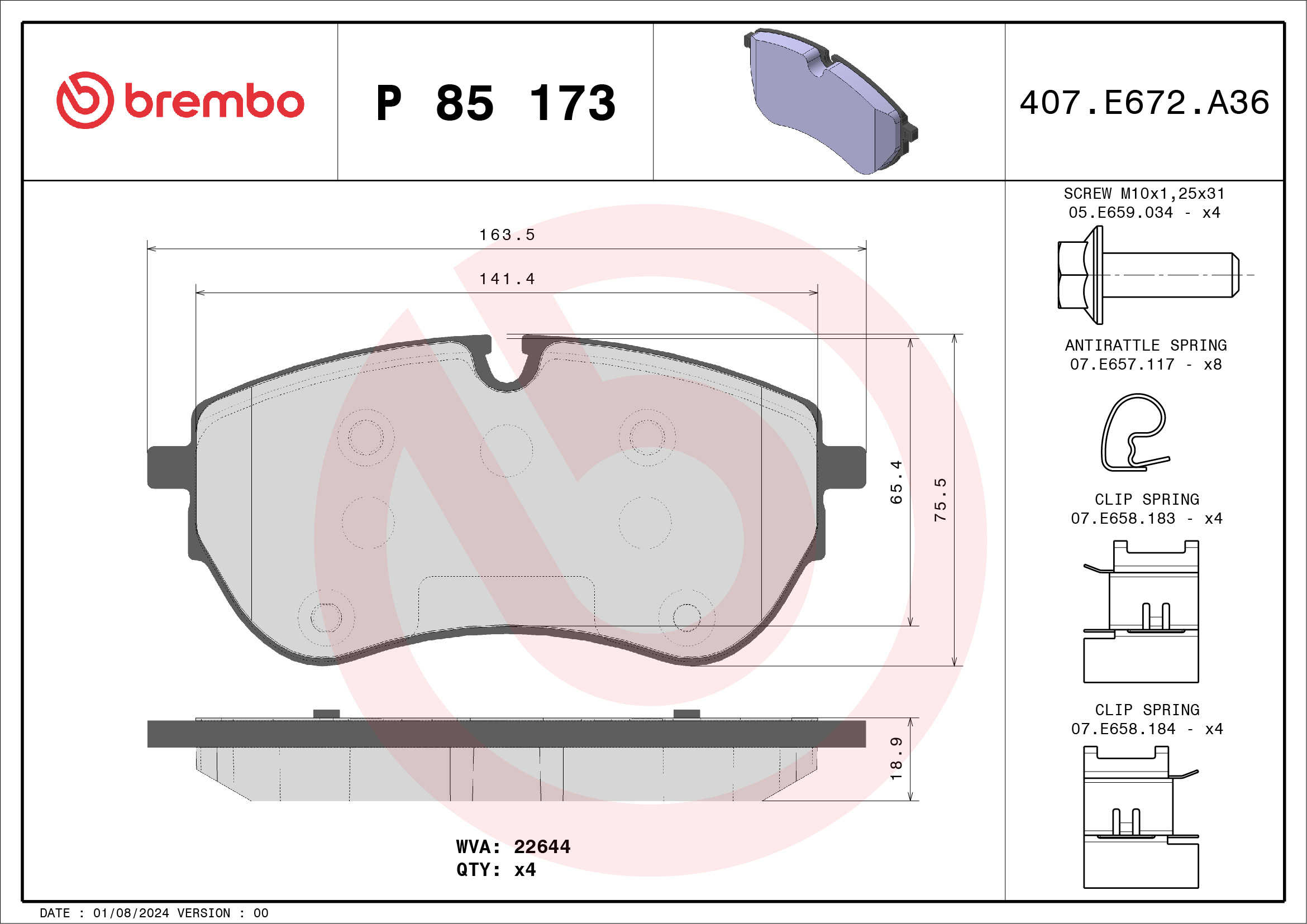 Комплект тормозных колодок, дисковый тормоз - P 85 173 BREMBO