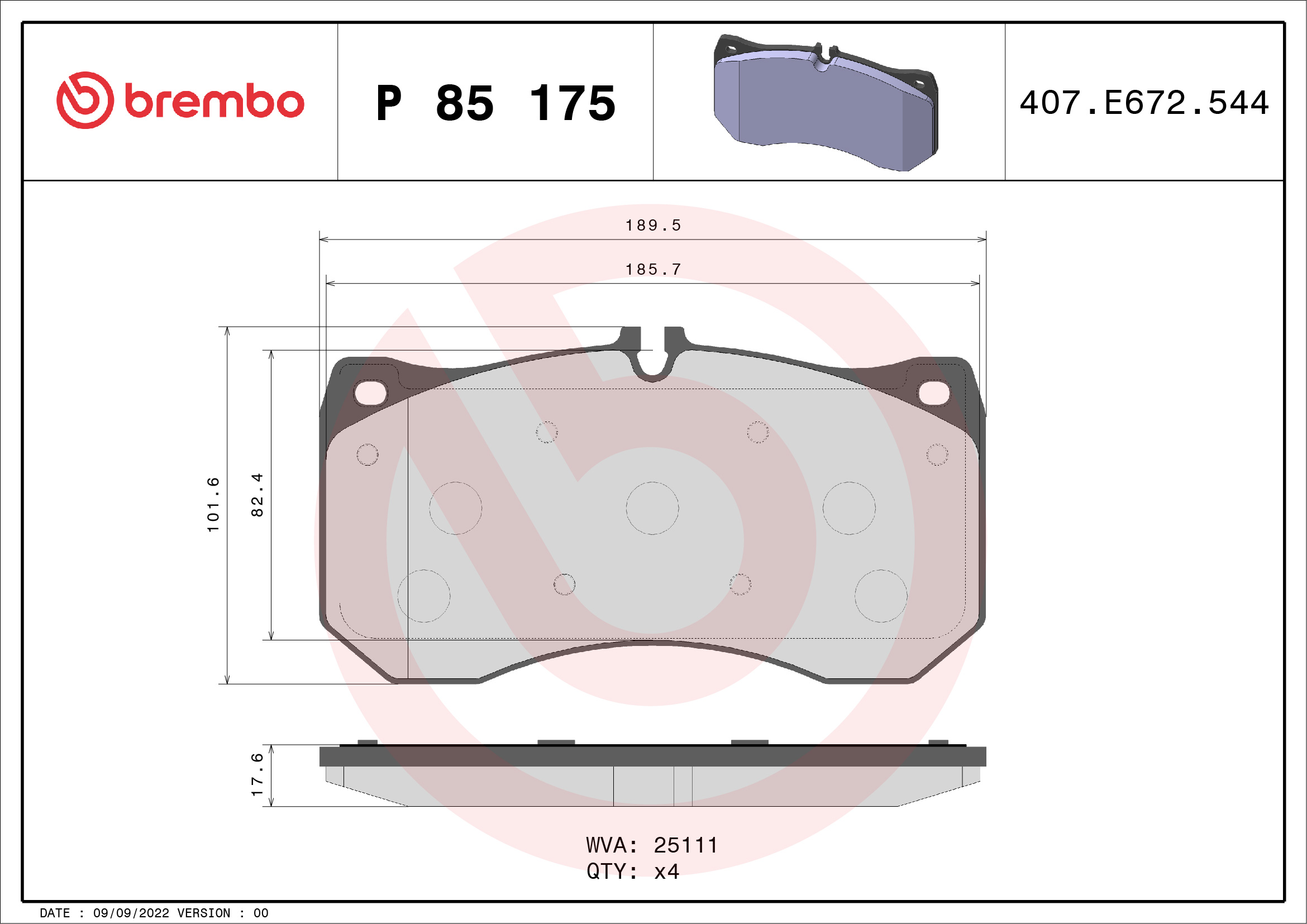 Brake Pad Set, disc brake - P 85 175 BREMBO