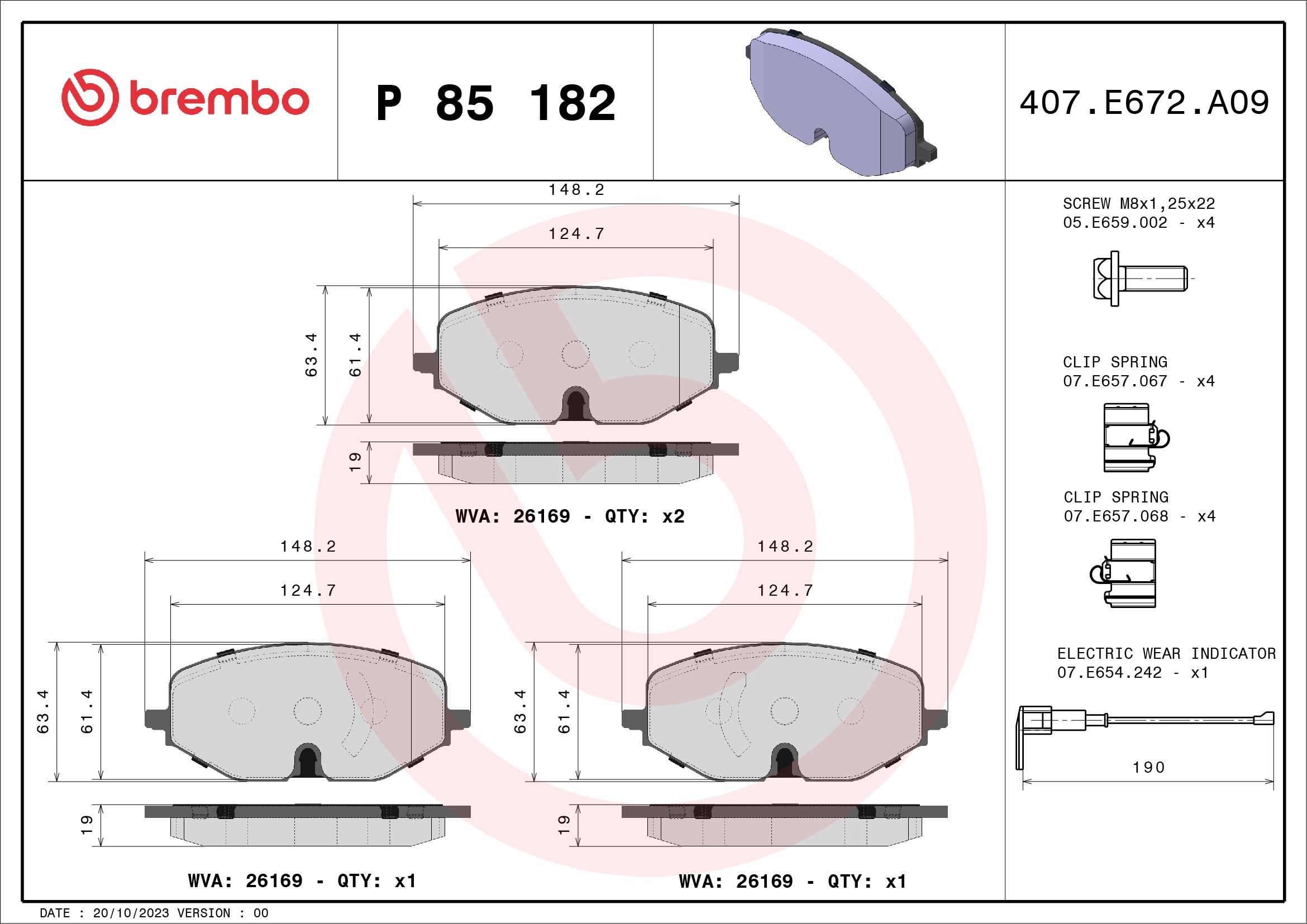 Brake Pad Set, disc brake - P 85 182 BREMBO