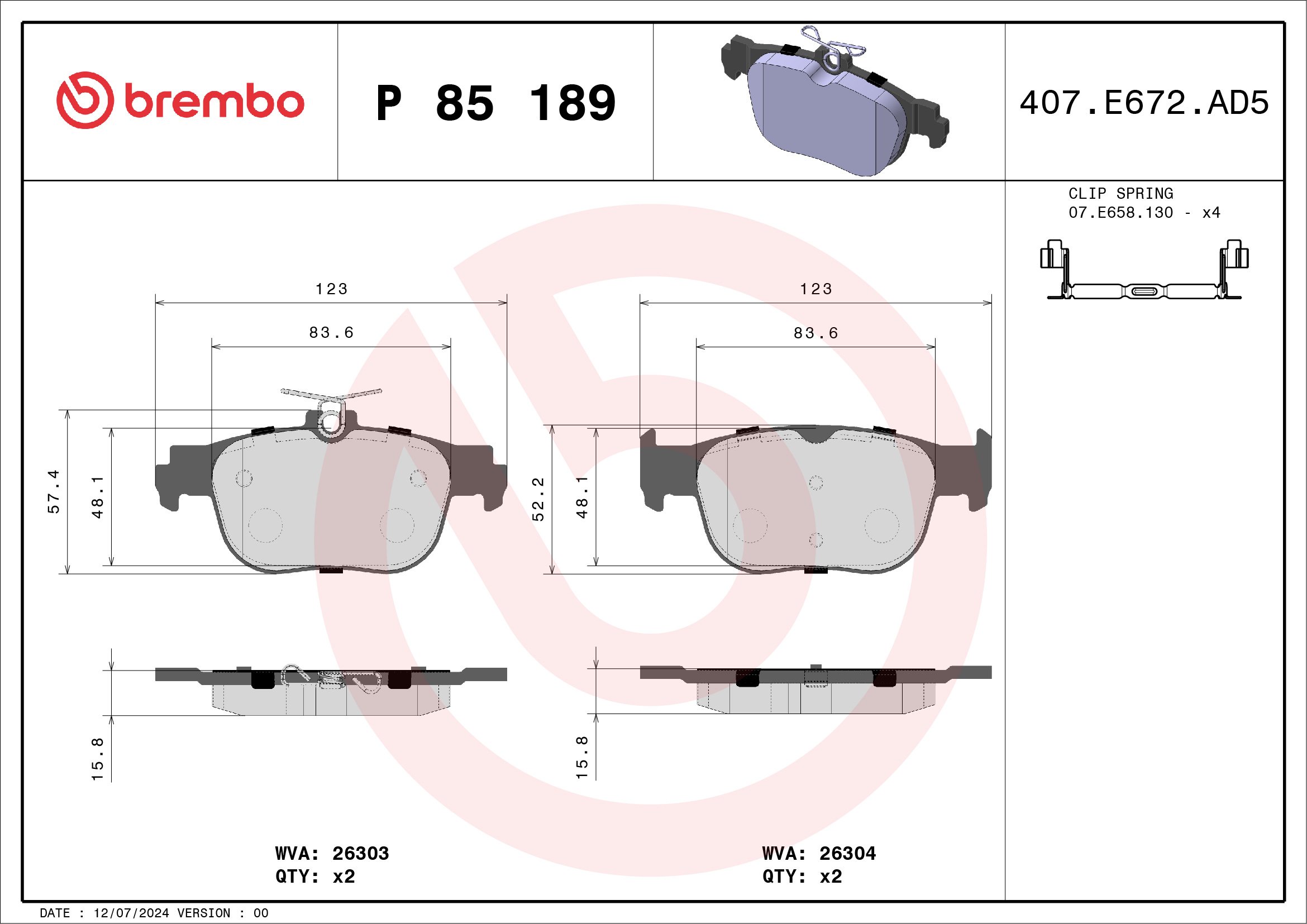 Brake Pad Set, disc brake - P 85 189 BREMBO