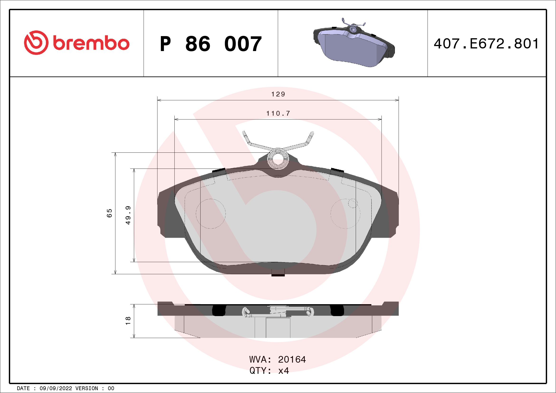 stabdžių trinkelių rinkinys, diskinis stabdys - P 86 007 BREMBO
