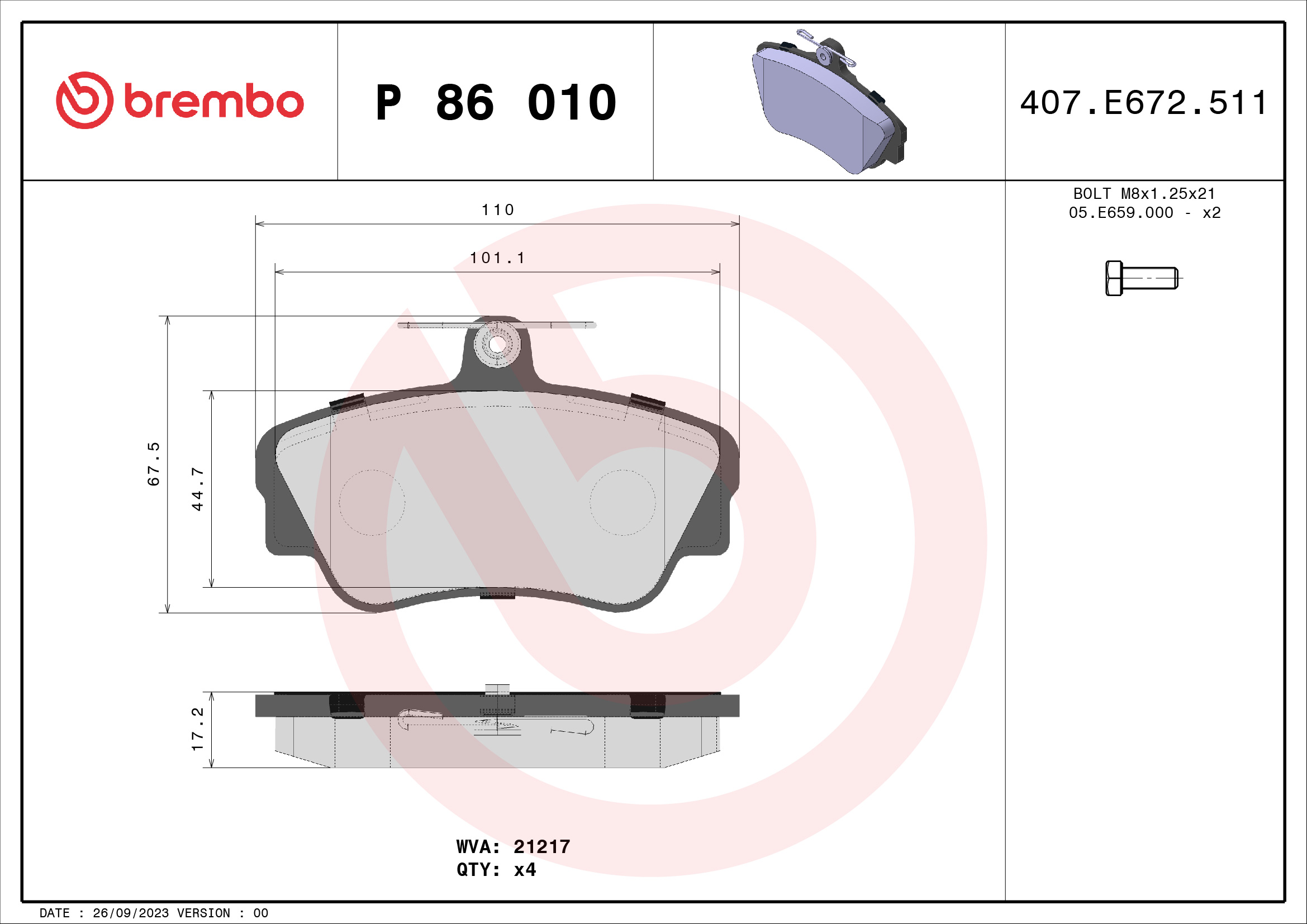 Kit pastiglie freno, Freno a disco - P 86 010 BREMBO