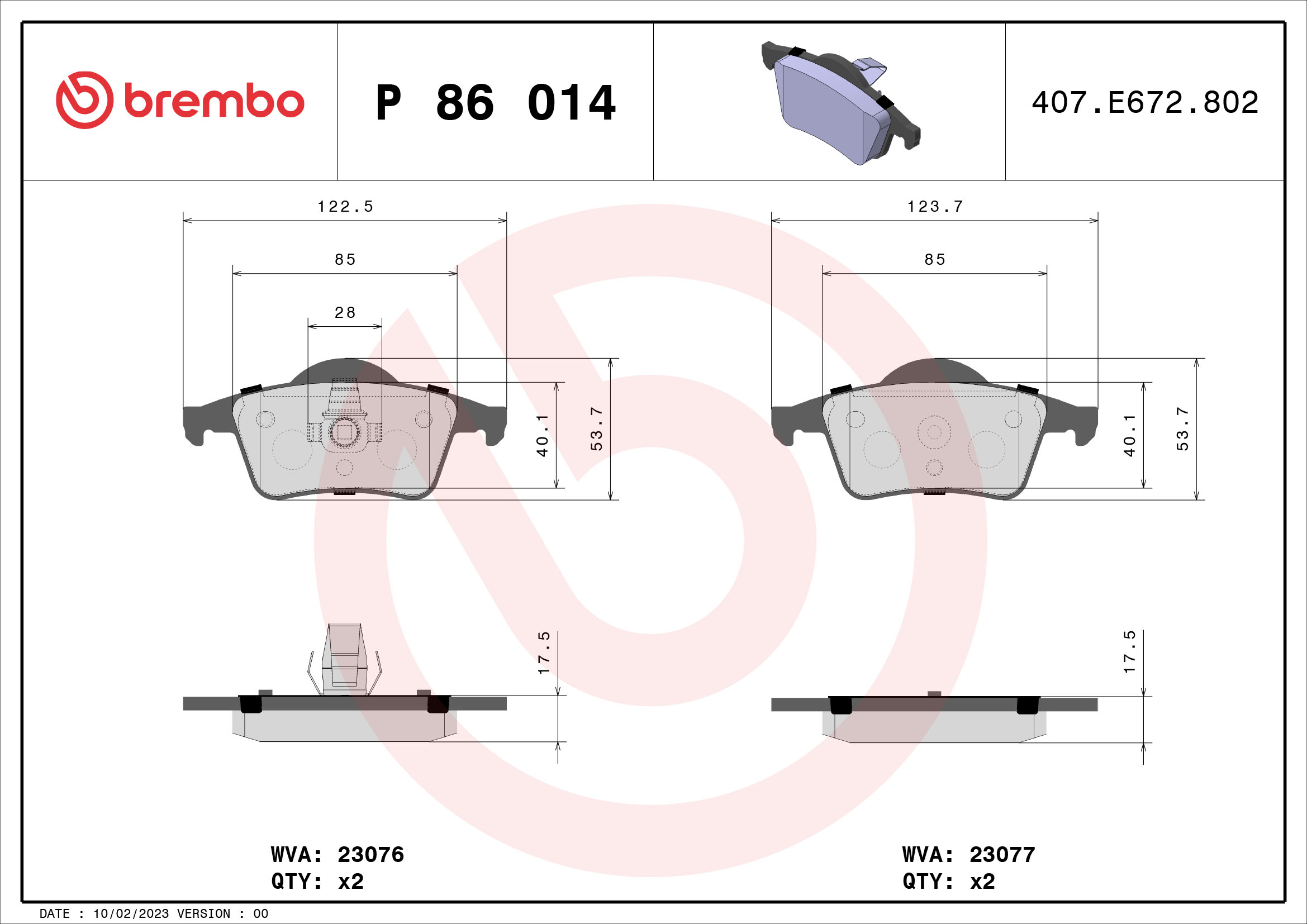 Brake Pad Set, disc brake - P 86 014 BREMBO