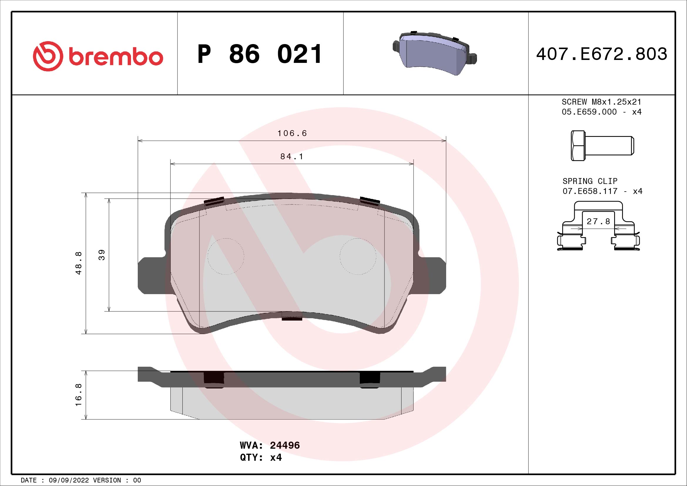 stabdžių trinkelių rinkinys, diskinis stabdys - P 86 021 BREMBO