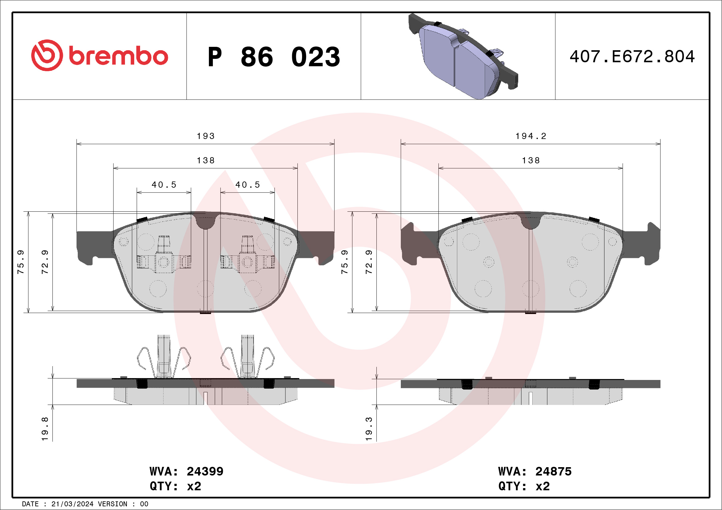 Kit pastiglie freno, Freno a disco - P 86 023 BREMBO