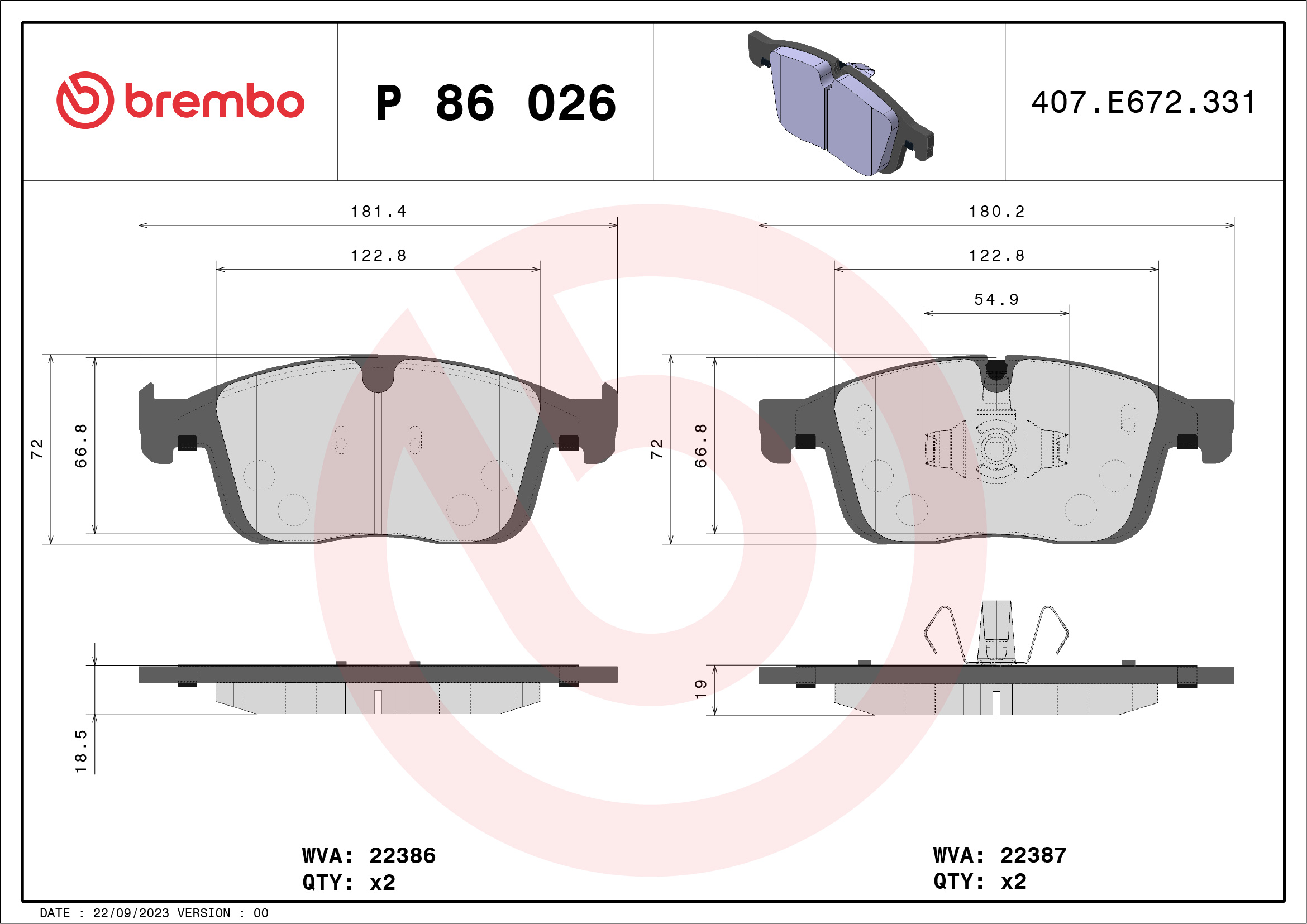 Brake Pad Set, disc brake - P 86 026 BREMBO
