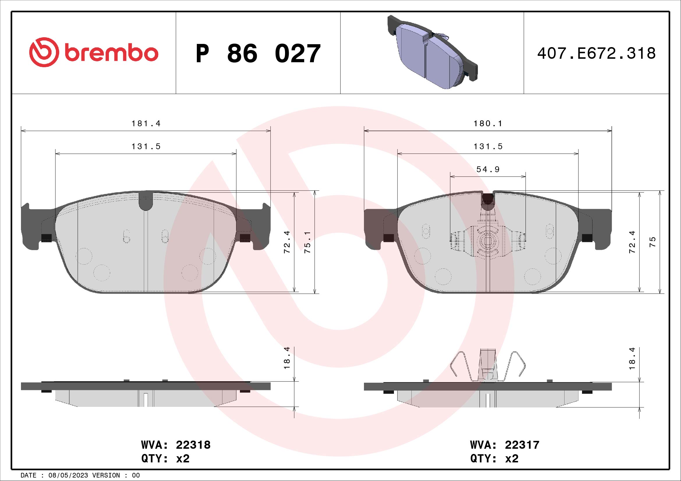 Brake Pad Set, disc brake - P 86 027 BREMBO