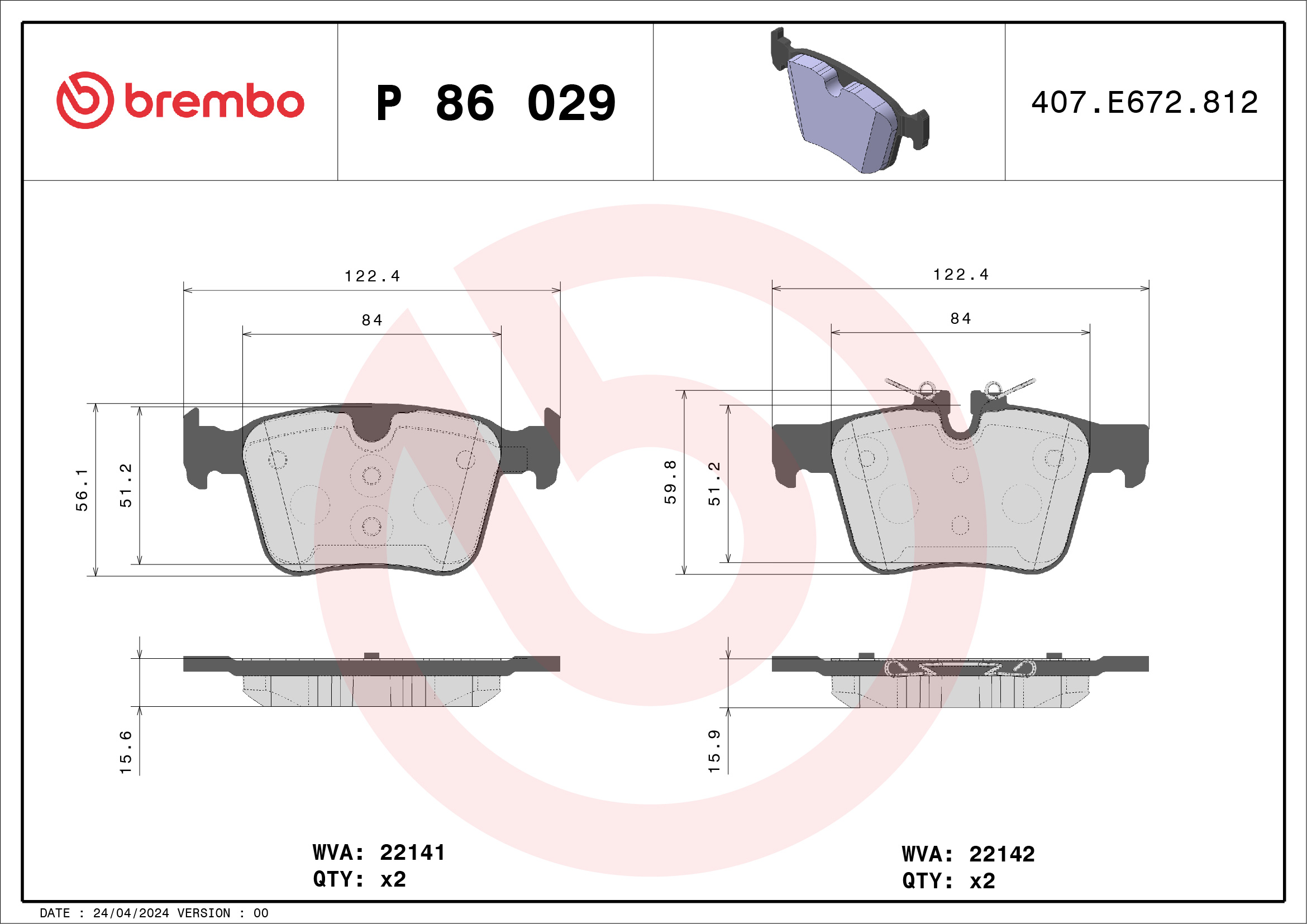 Brake Pad Set, disc brake - P 86 029 BREMBO