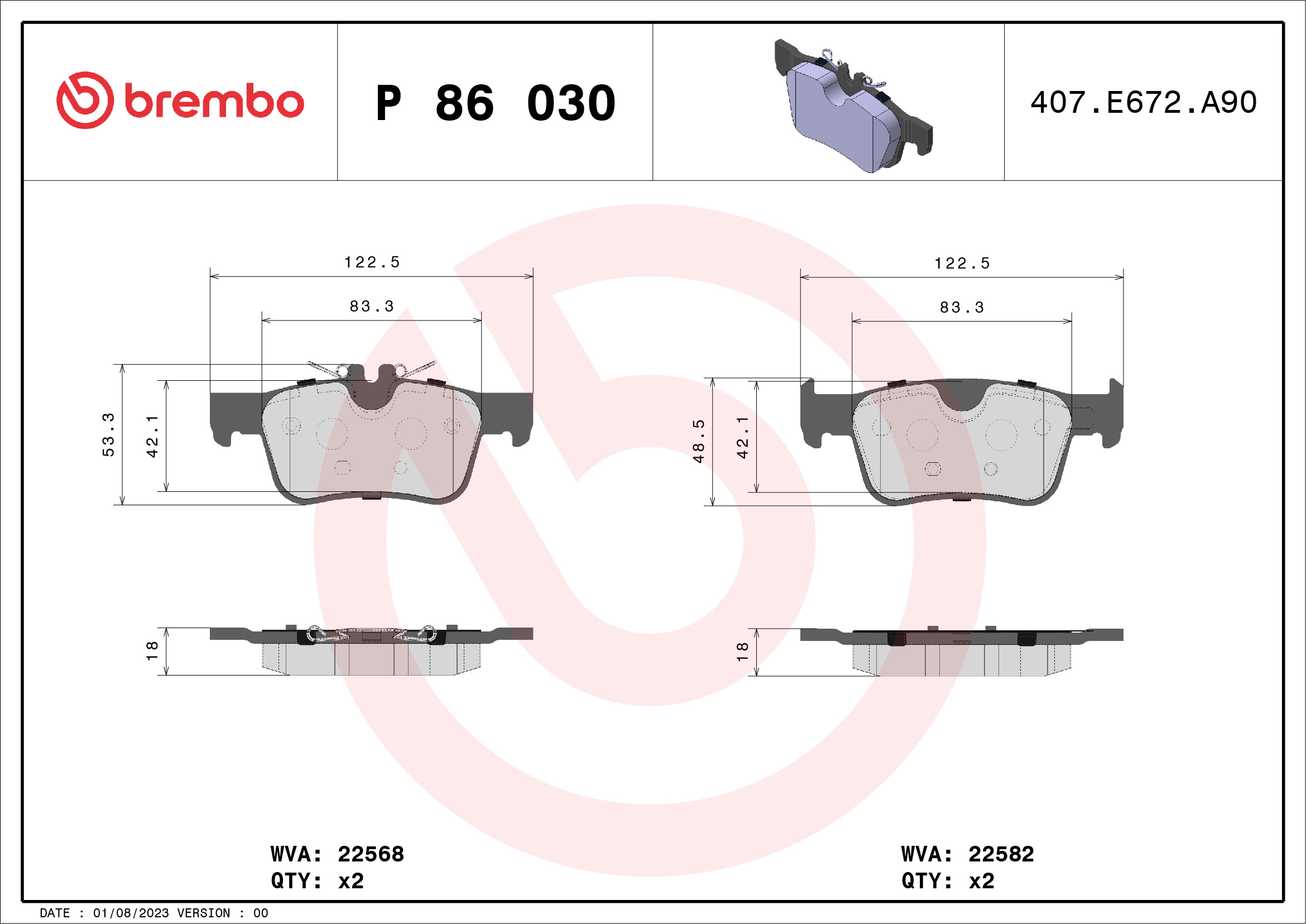 Brake Pad Set, disc brake - P 86 030 BREMBO