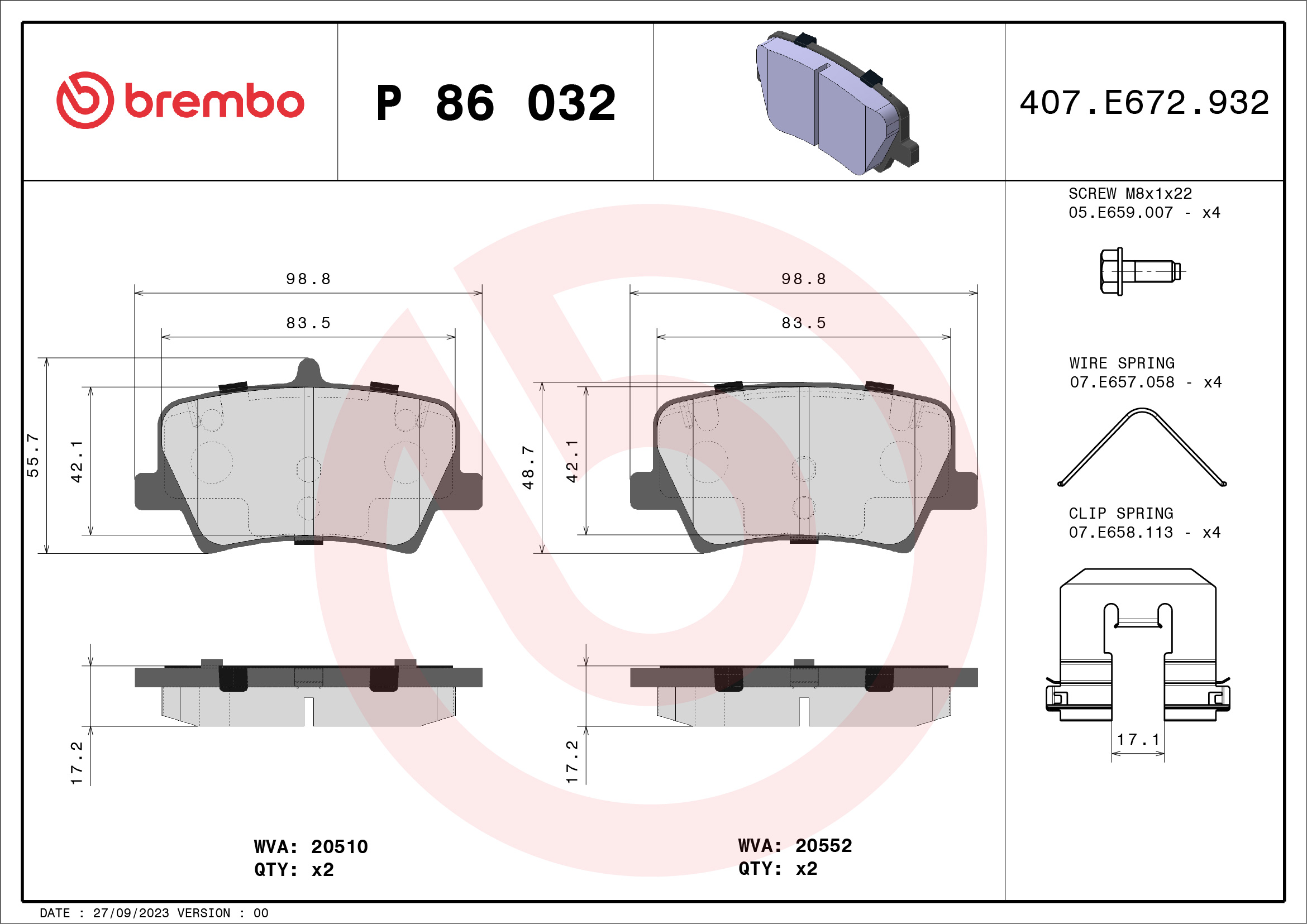 Комплект тормозных колодок, дисковый тормоз - P 86 032 BREMBO