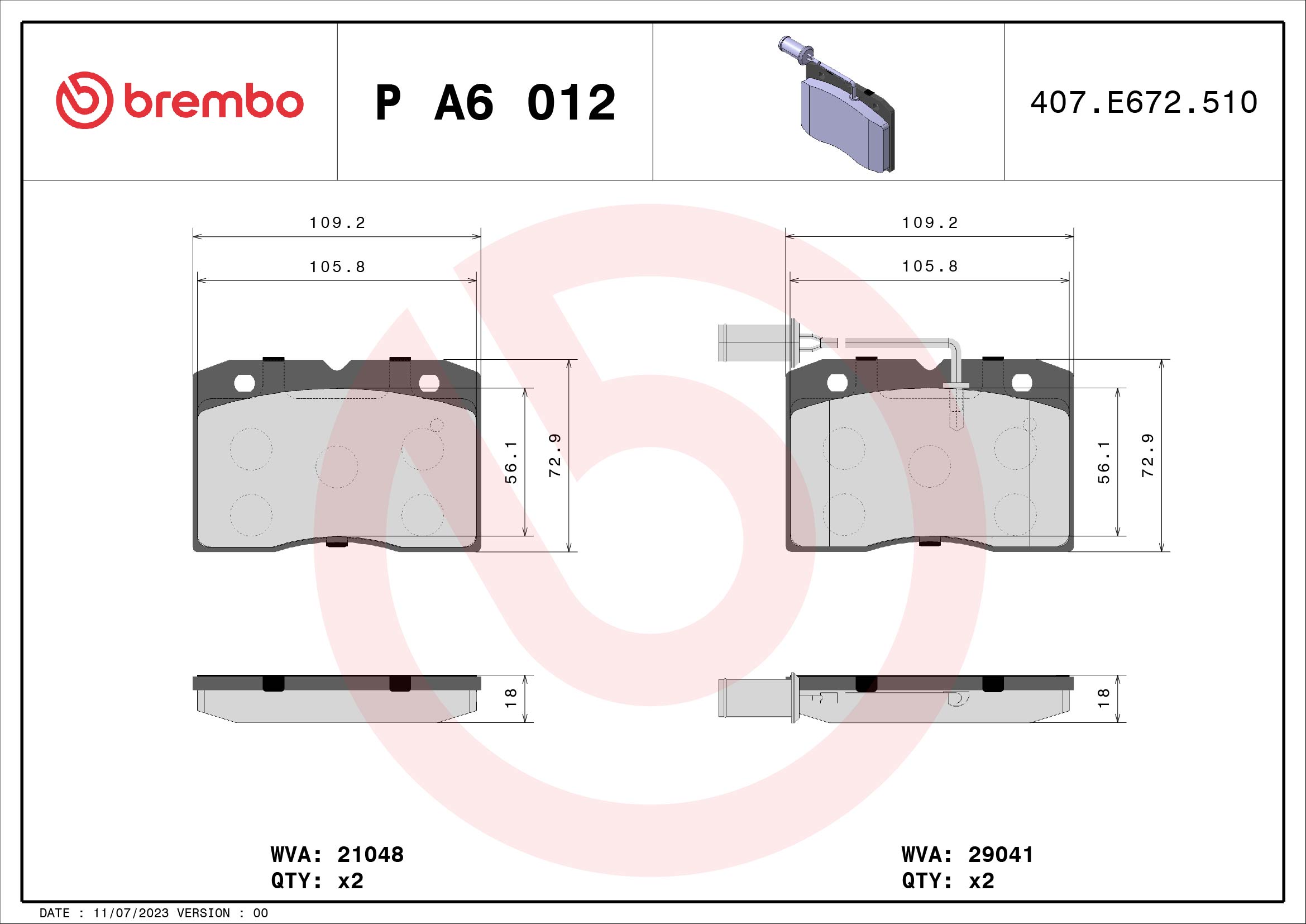 Комплект тормозных колодок, дисковый тормоз - P A6 012 BREMBO