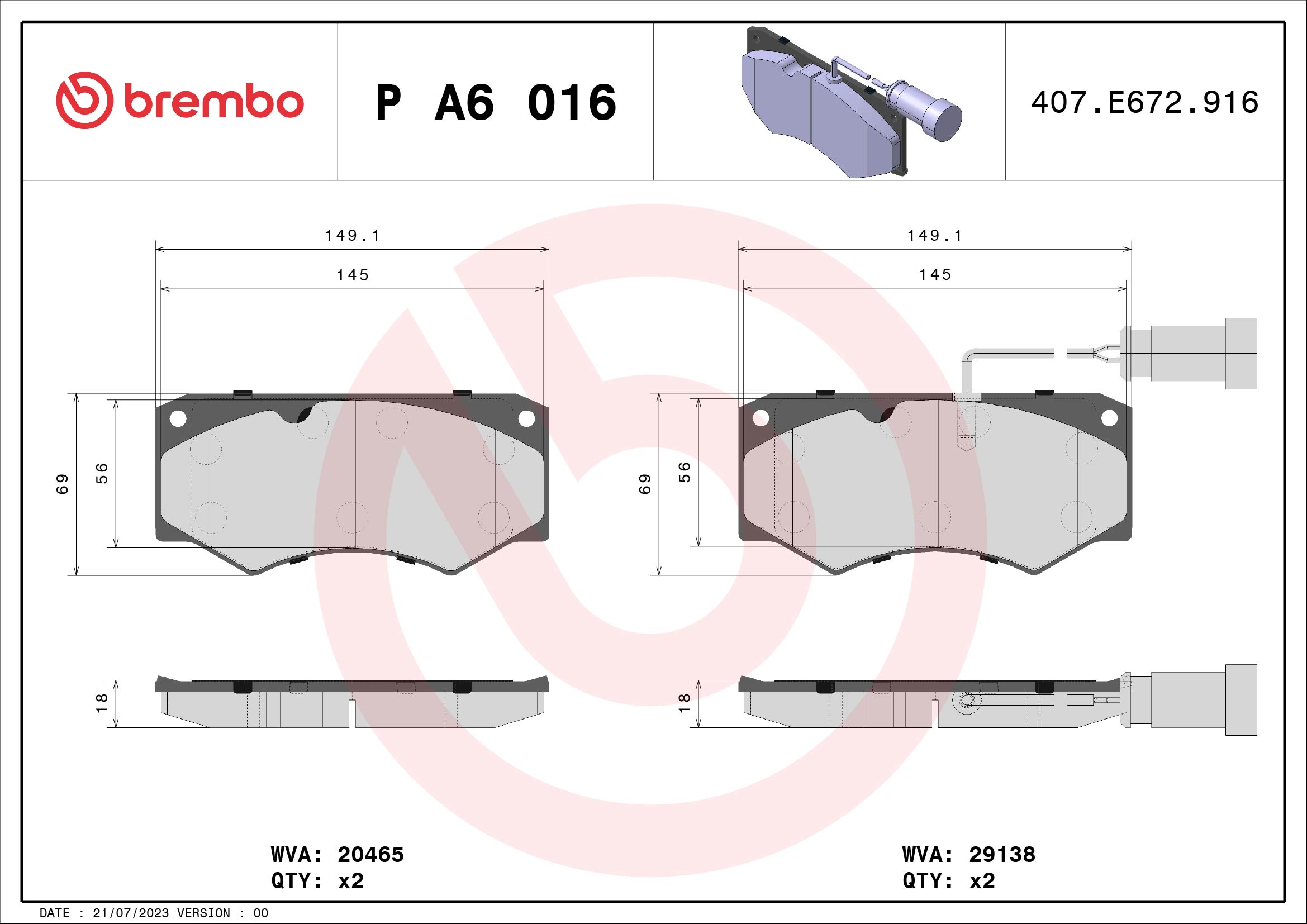 Brake Pad Set, disc brake - P A6 016 BREMBO
