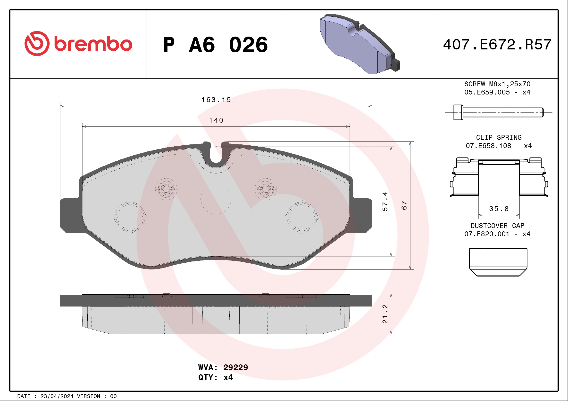 stabdžių trinkelių rinkinys, diskinis stabdys - P A6 026 BREMBO