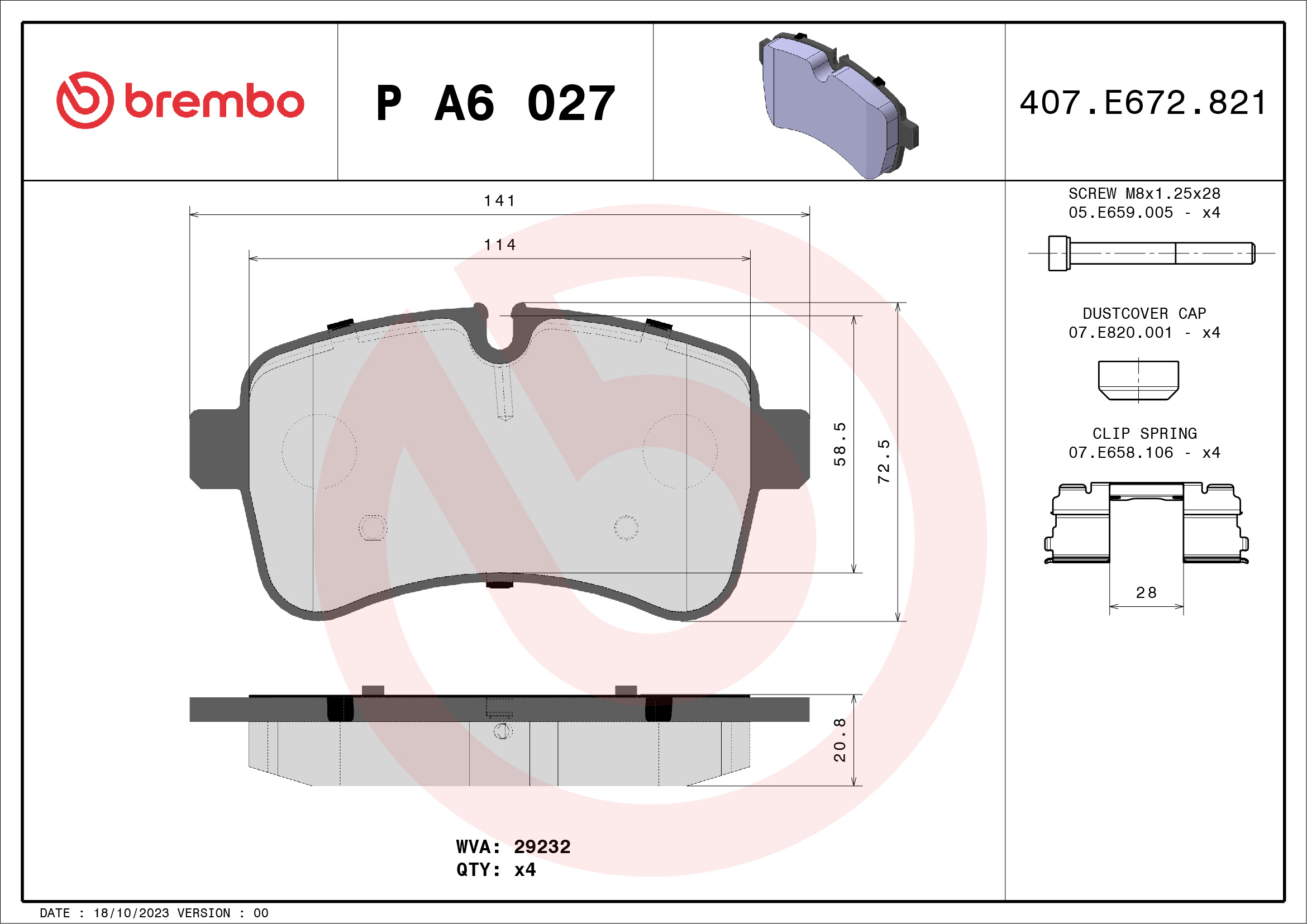 Brake Pad Set, disc brake - P A6 027 BREMBO