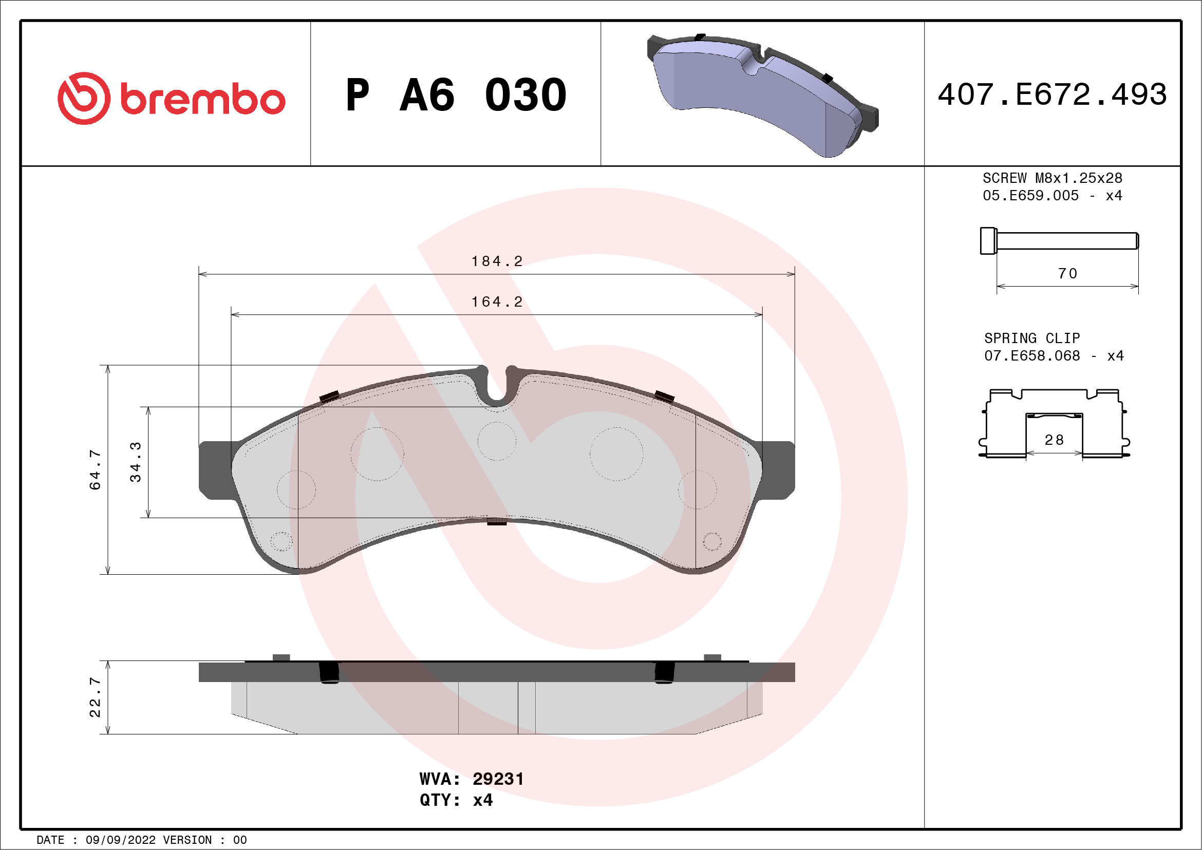 Brake Pad Set, disc brake - P A6 030 BREMBO